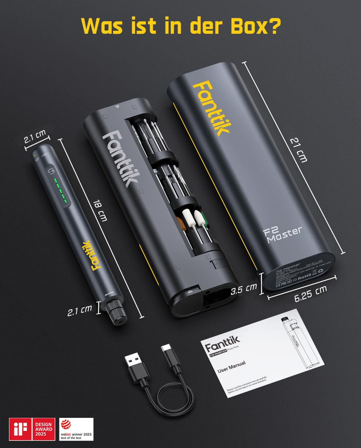Fanttik F2 Master Drehwerkzeug-Set mit Etui, Stiftwerkzeug, Bits, USB-Kabel und Anleitung mit Maßen.