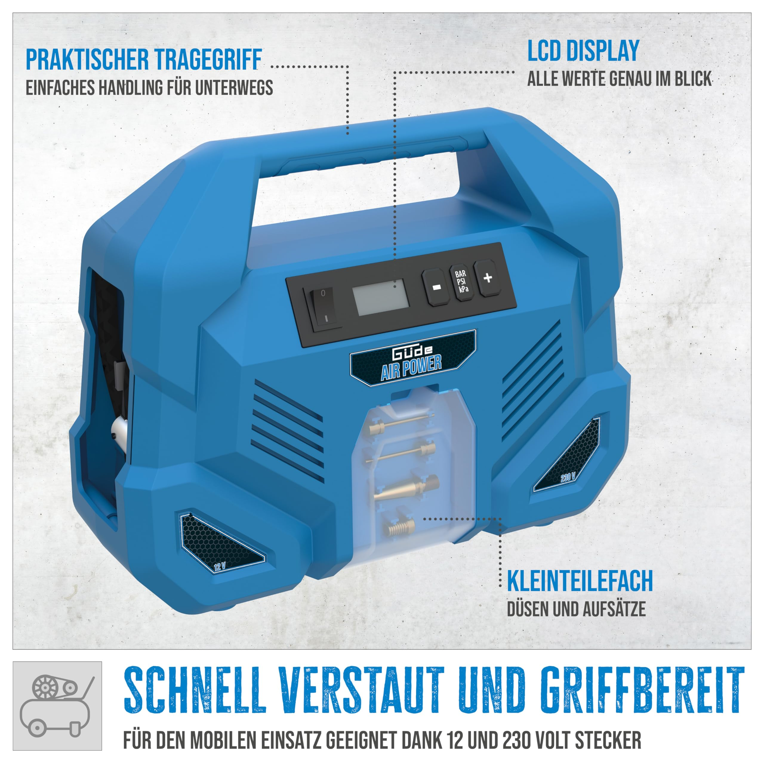 Blauer Güde Air Power Kompressor mit LCD-Display, Tragegriff und Zubehörfächern.
