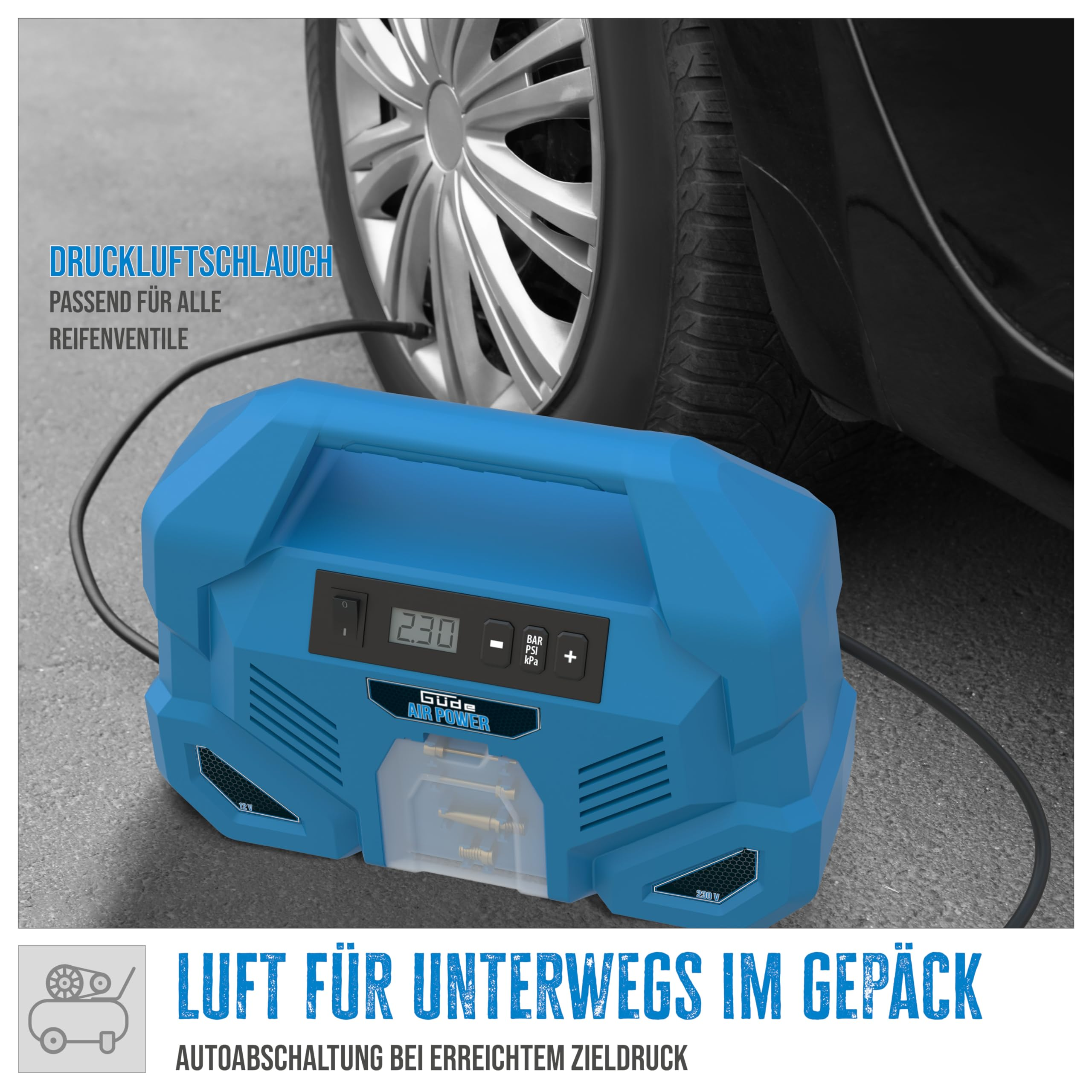 Ein blauer Kompressor pumpt den Reifen eines Autos auf, mit digitaler Anzeige und deutschem Text auf dem Bild.