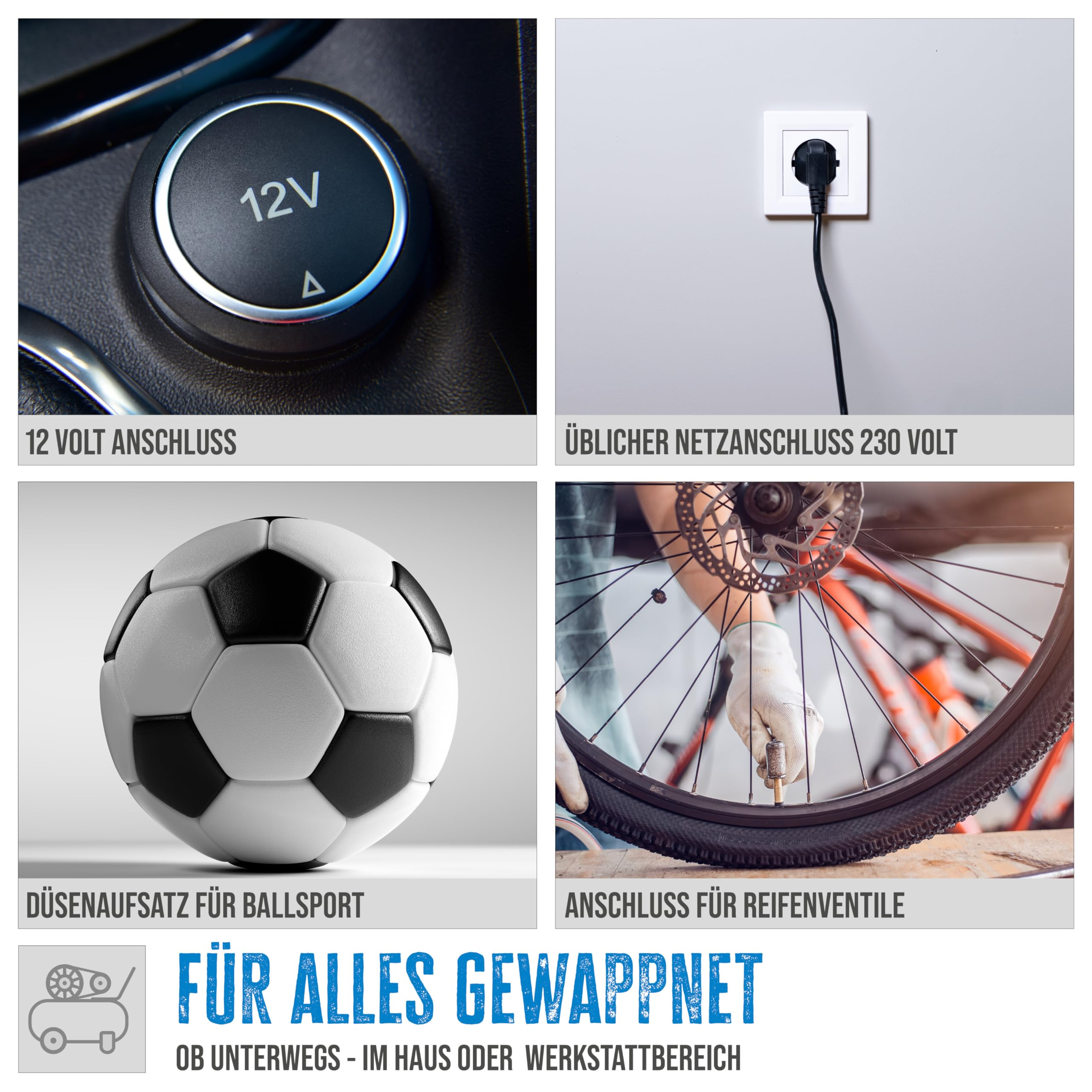 Vier Bilder mit einer 12V-Steckdose, einem 230V-Stecker, einem Fußball und einem Fahrradreifenventil.