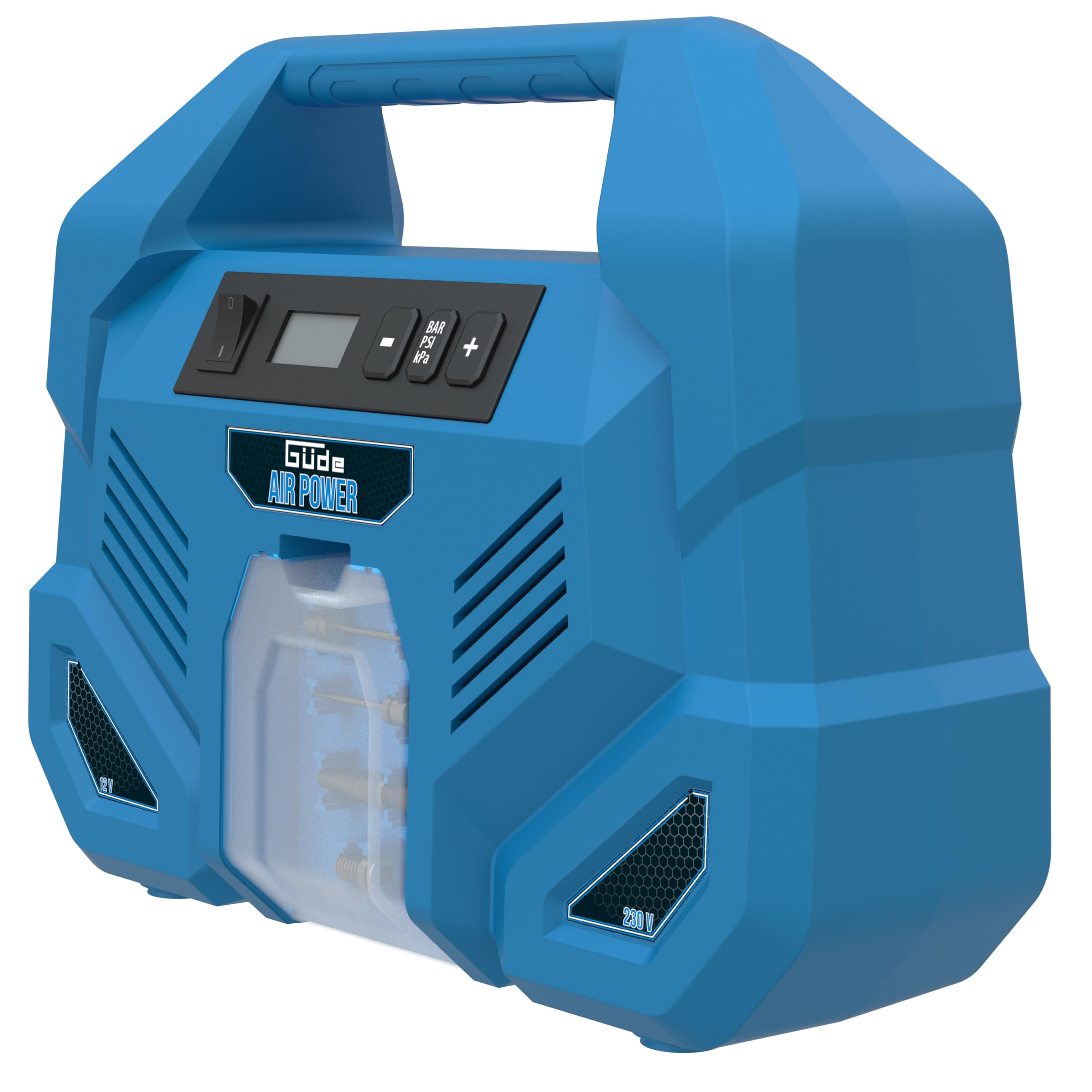 Ein blauer Güde Air Power Kompressor mit digitaler Anzeige, Knöpfen und Griff vor weißem Hintergrund.