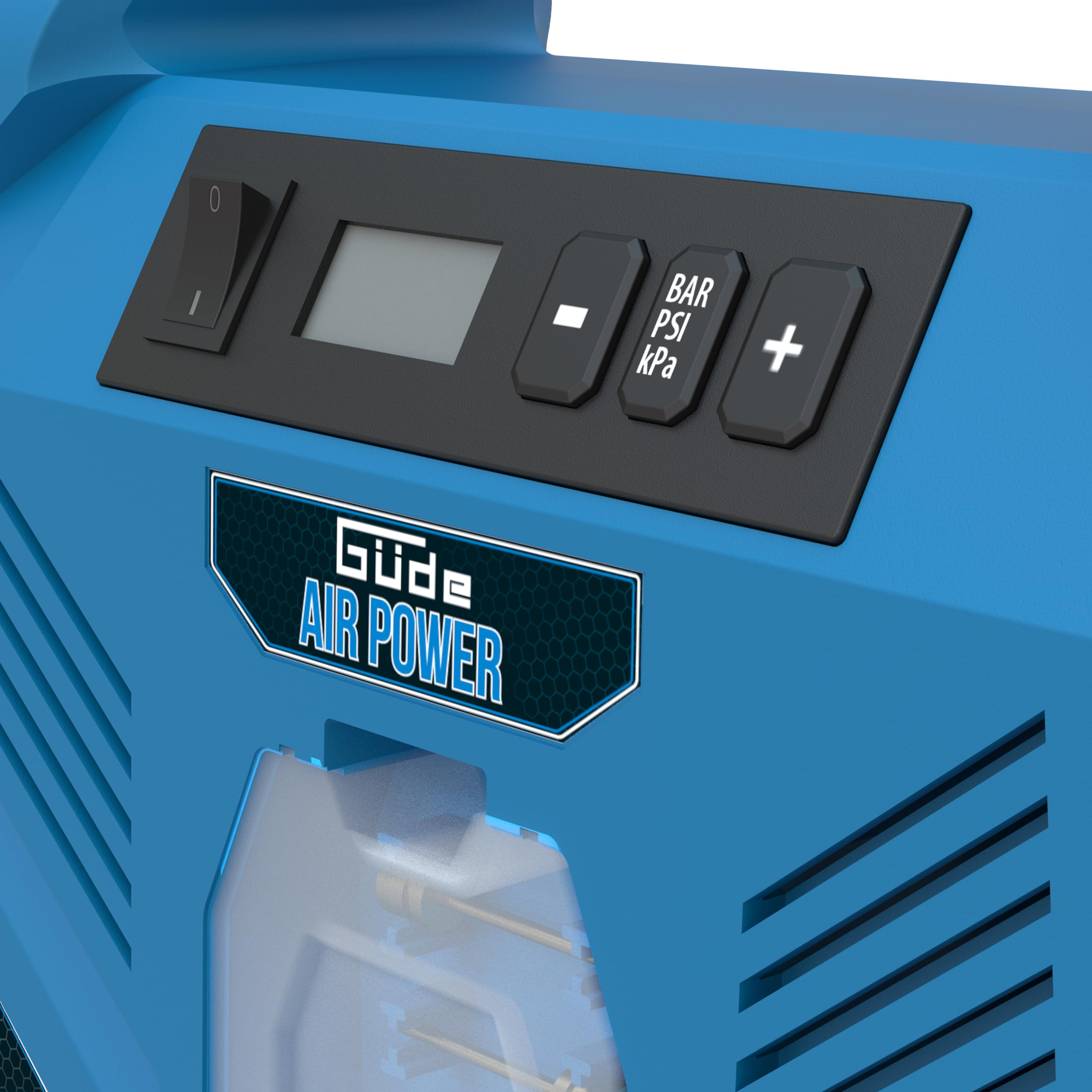 Blaue Güde Air Power Kompressor-Bedienfeld mit Digitaldisplay, Ein/Aus-Schalter und Steuertasten.
