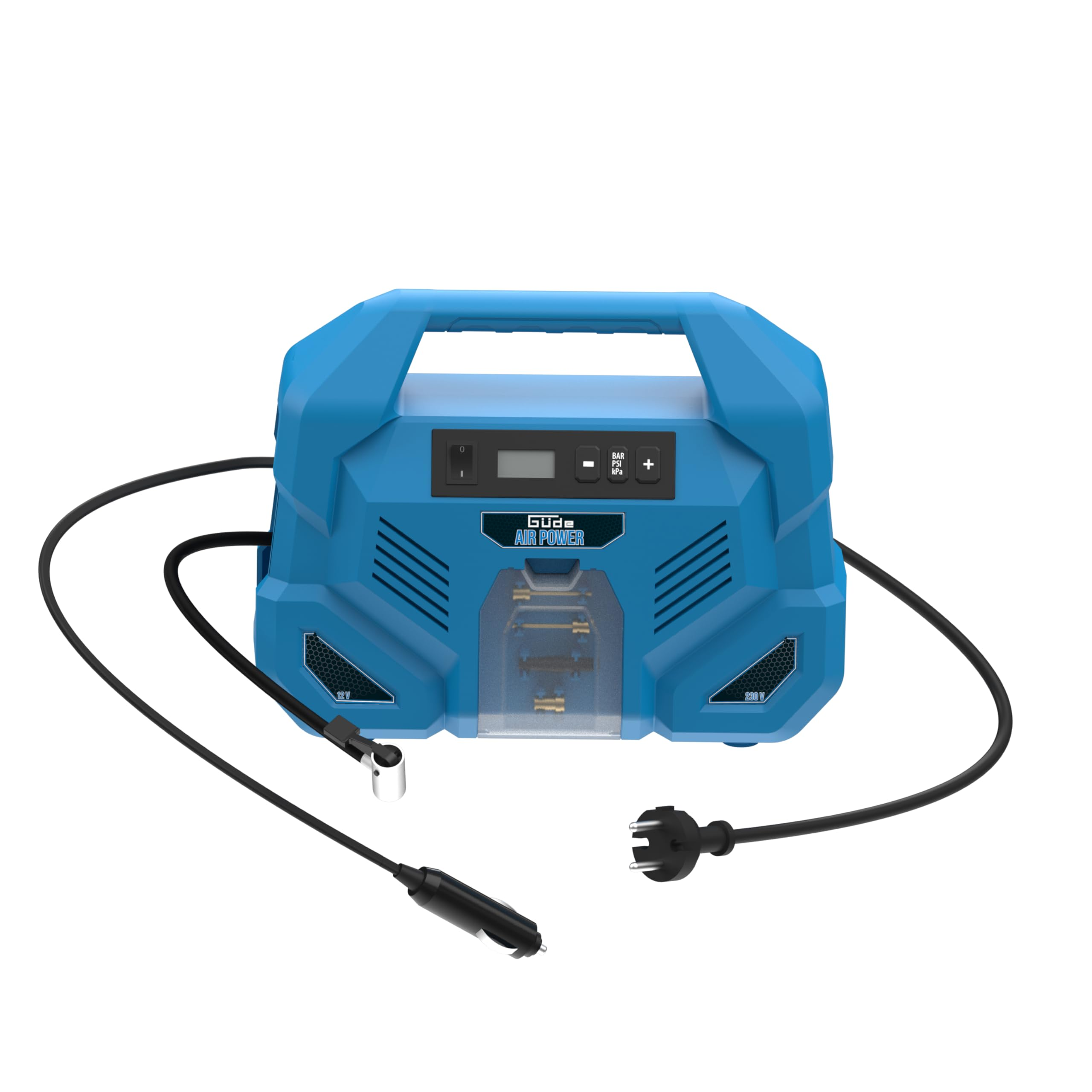Ein blauer Gude Air Power Kompressor mit digitaler Anzeige und angeschlossenen Kabeln.
