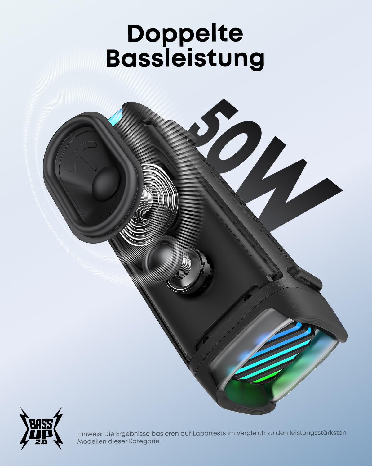Illustrazione tecnica di un altoparlante Bluetooth nero da 50W con componenti interni visibili.