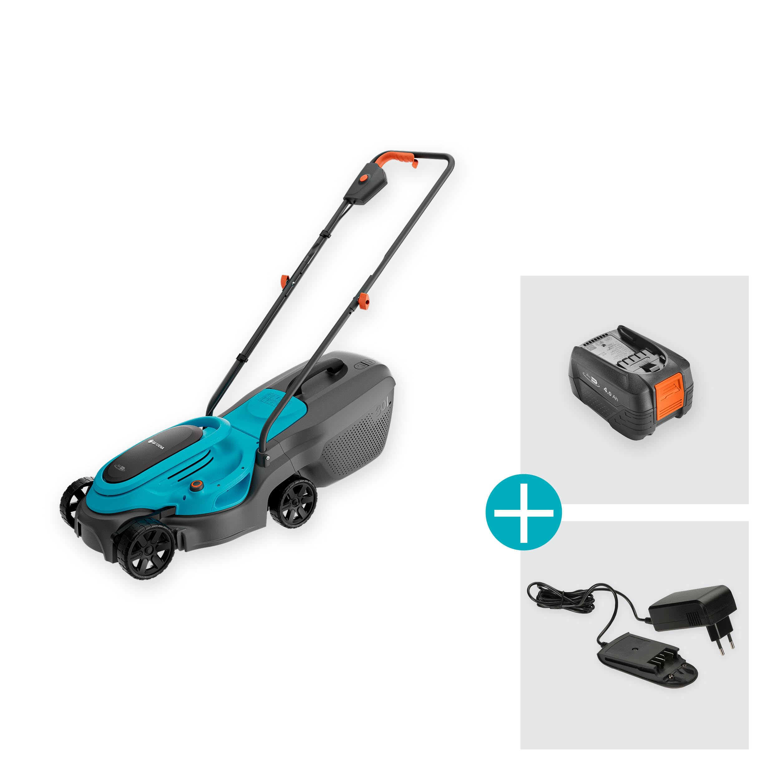 Une tondeuse à gazon sans fil bleue et grise avec batterie et chargeur sur fond blanc.