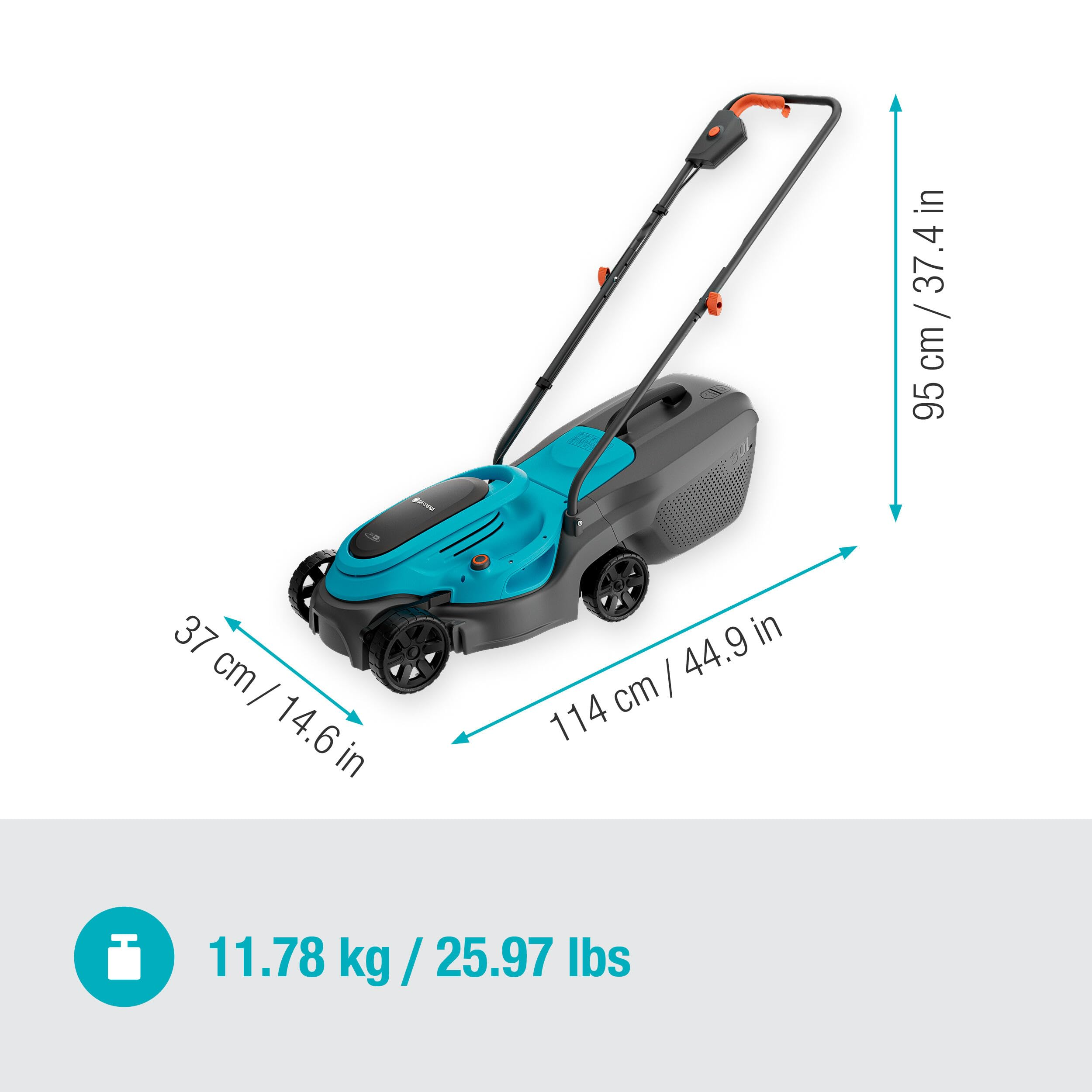 Tondeuse à gazon turquoise et noire avec dimensions : 37 cm de large, 114 cm de long, 95 cm de haut et 11,78 kg.
