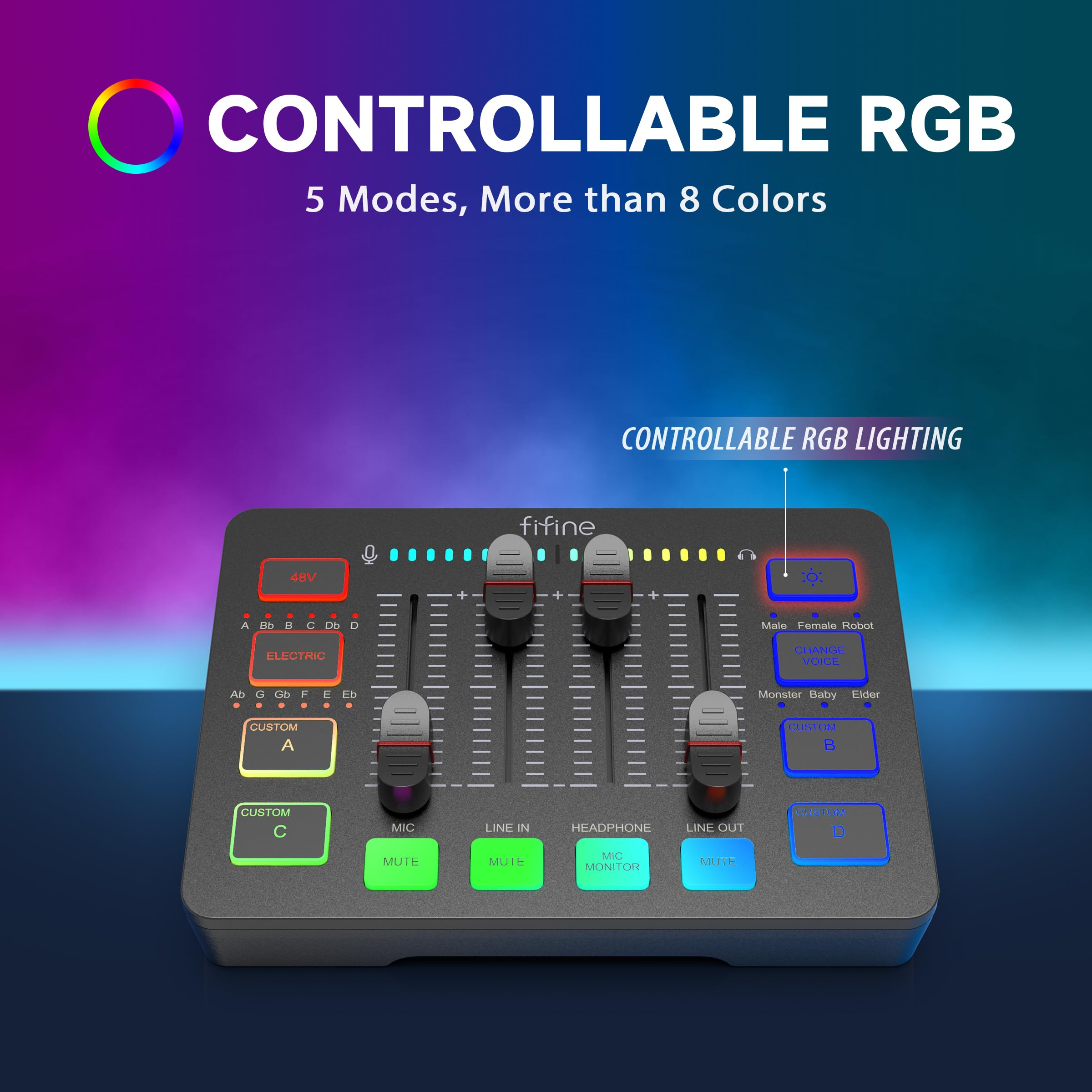 Ein schwarzes Fifine Audio-Mischpult mit bunten RGB-Leuchten und verschiedenen Schiebereglern.