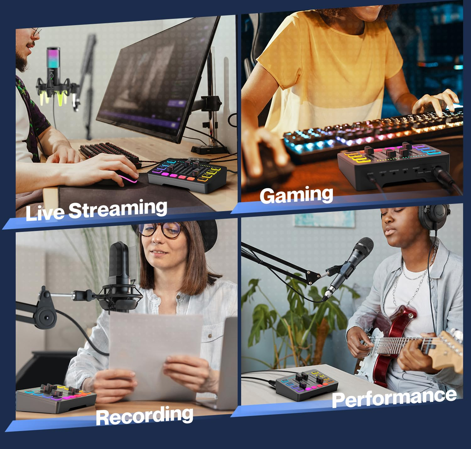 Vier Felder zeigen eine Person, die einen Audiomixer für Live-Streaming, Gaming, Aufnahme und Musik nutzt.
