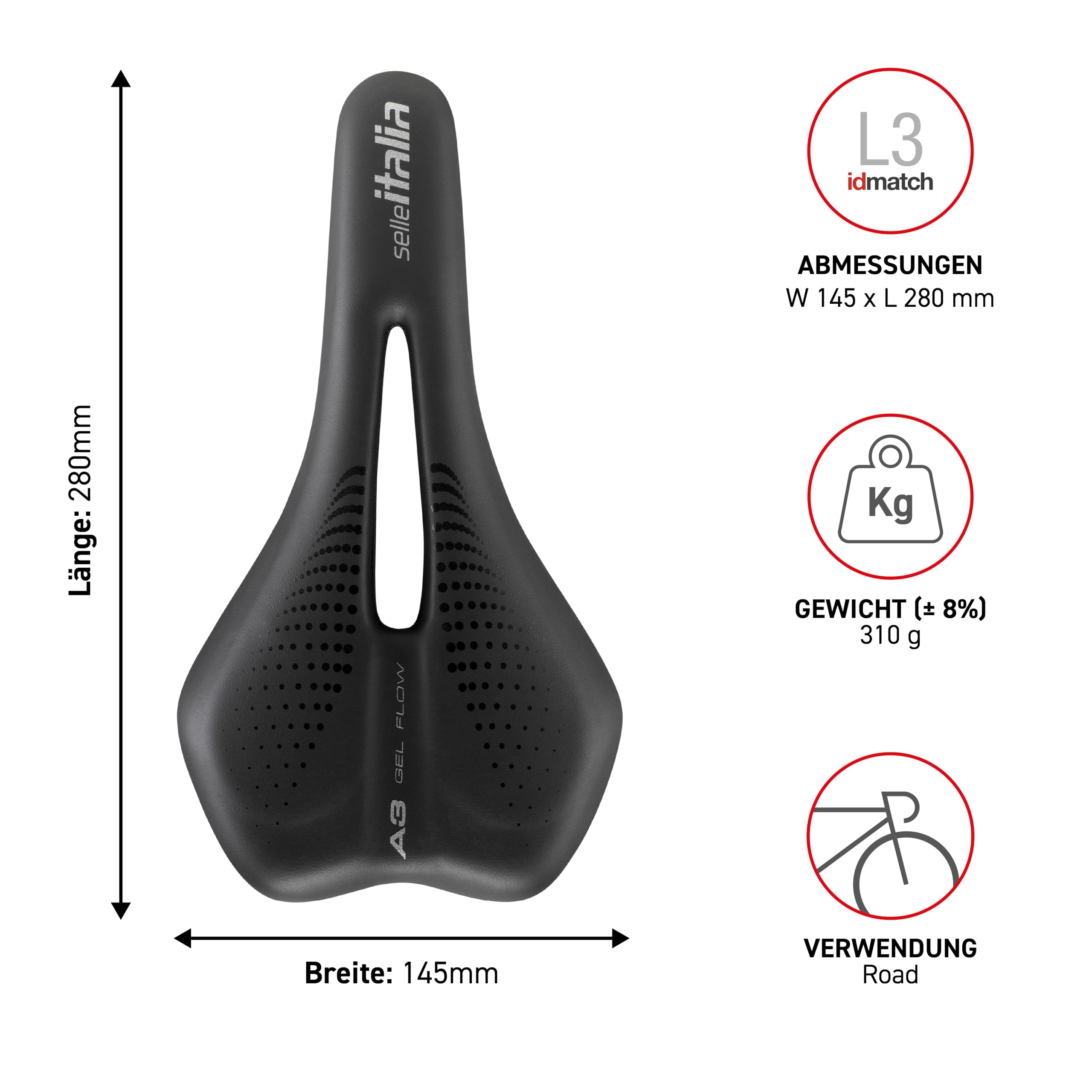 Sella per bicicletta nera Selle Italia con dimensioni 145x280 mm, peso 310 g, da strada.