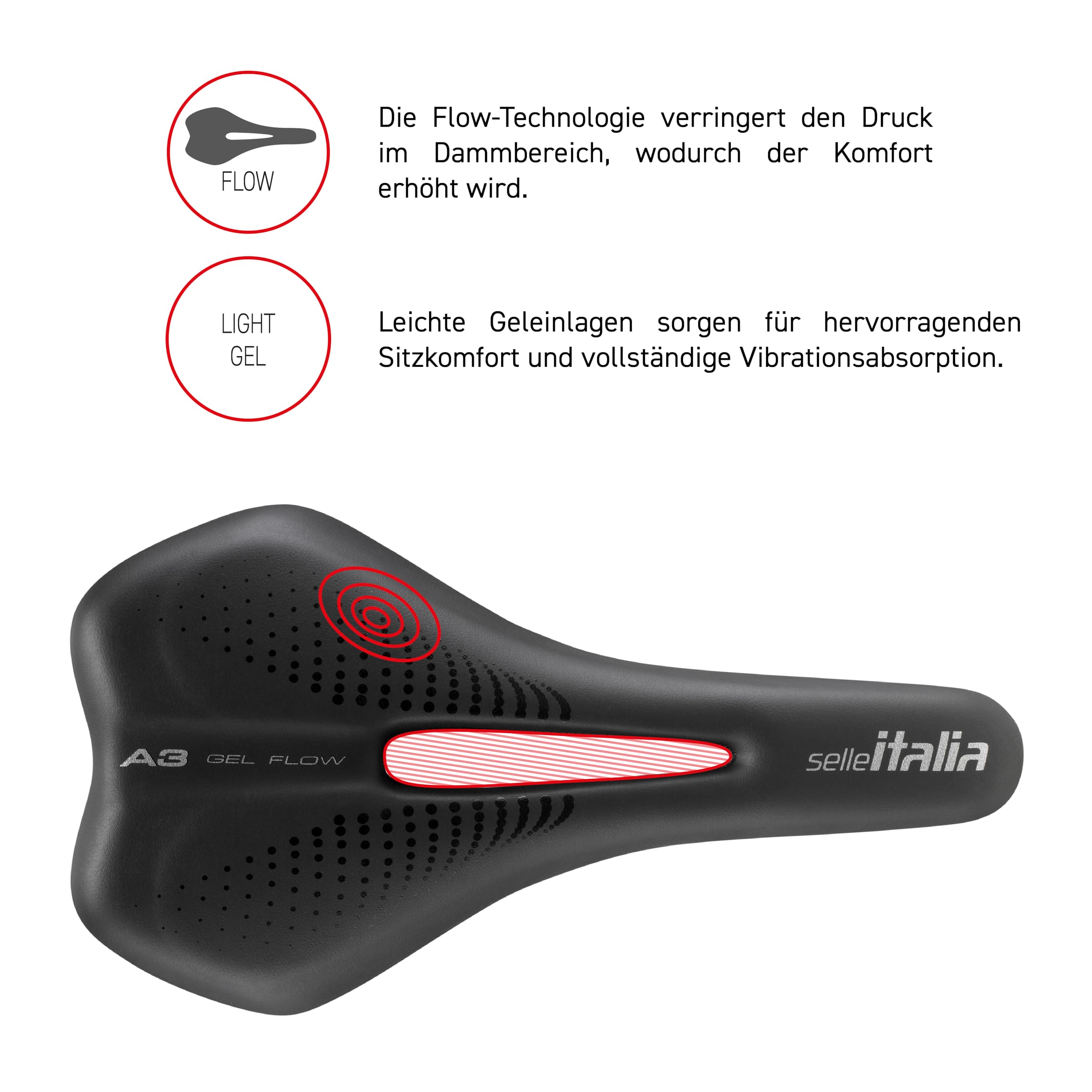 Sella per bicicletta nera con tecnologia Flow e inserti in gel per maggiore comfort.