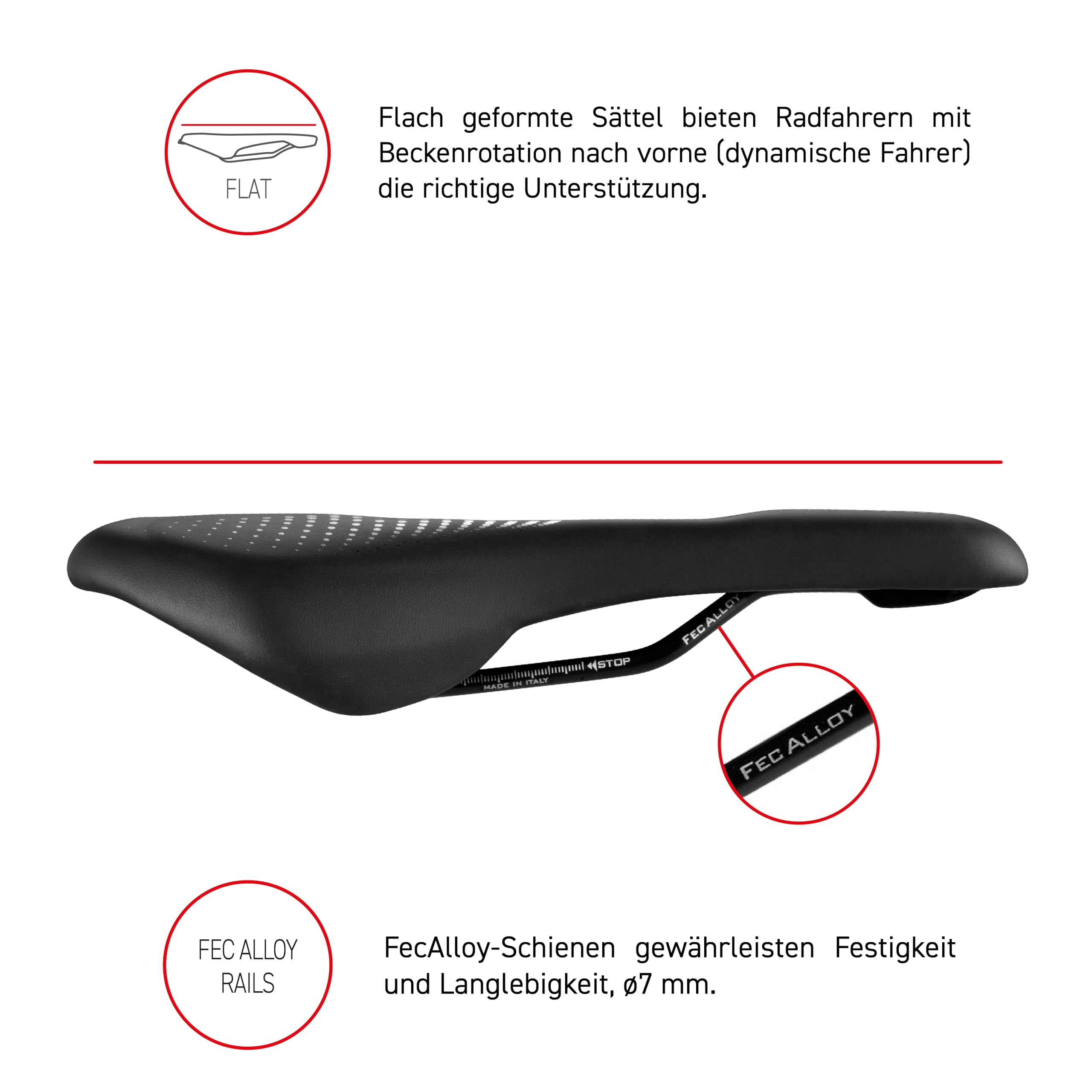 Una sella da bicicletta nera con annotazioni sulla forma piatta e binari FEC Alloy.