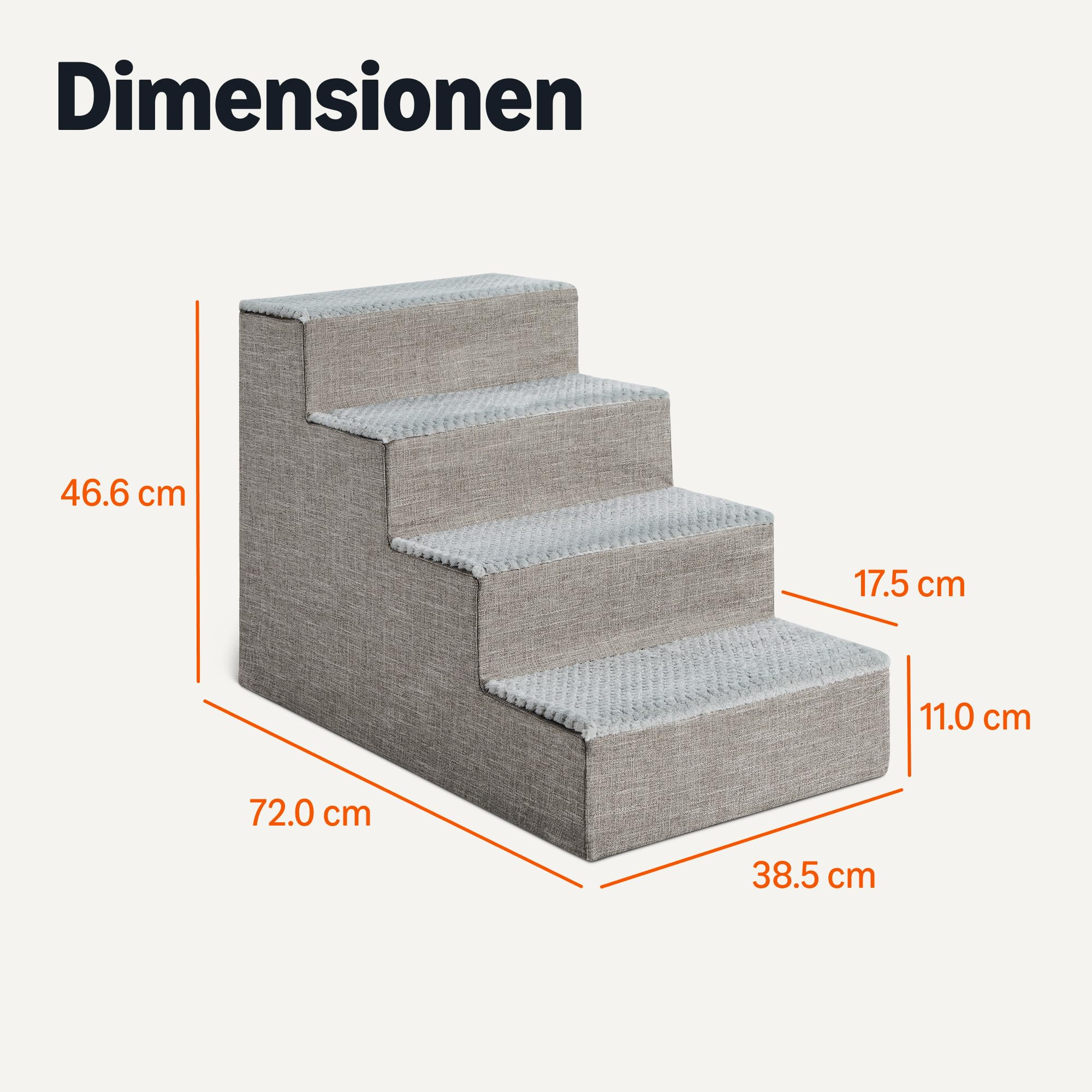 Scala grigia per animali domestici con quattro gradini e dimensioni indicate.