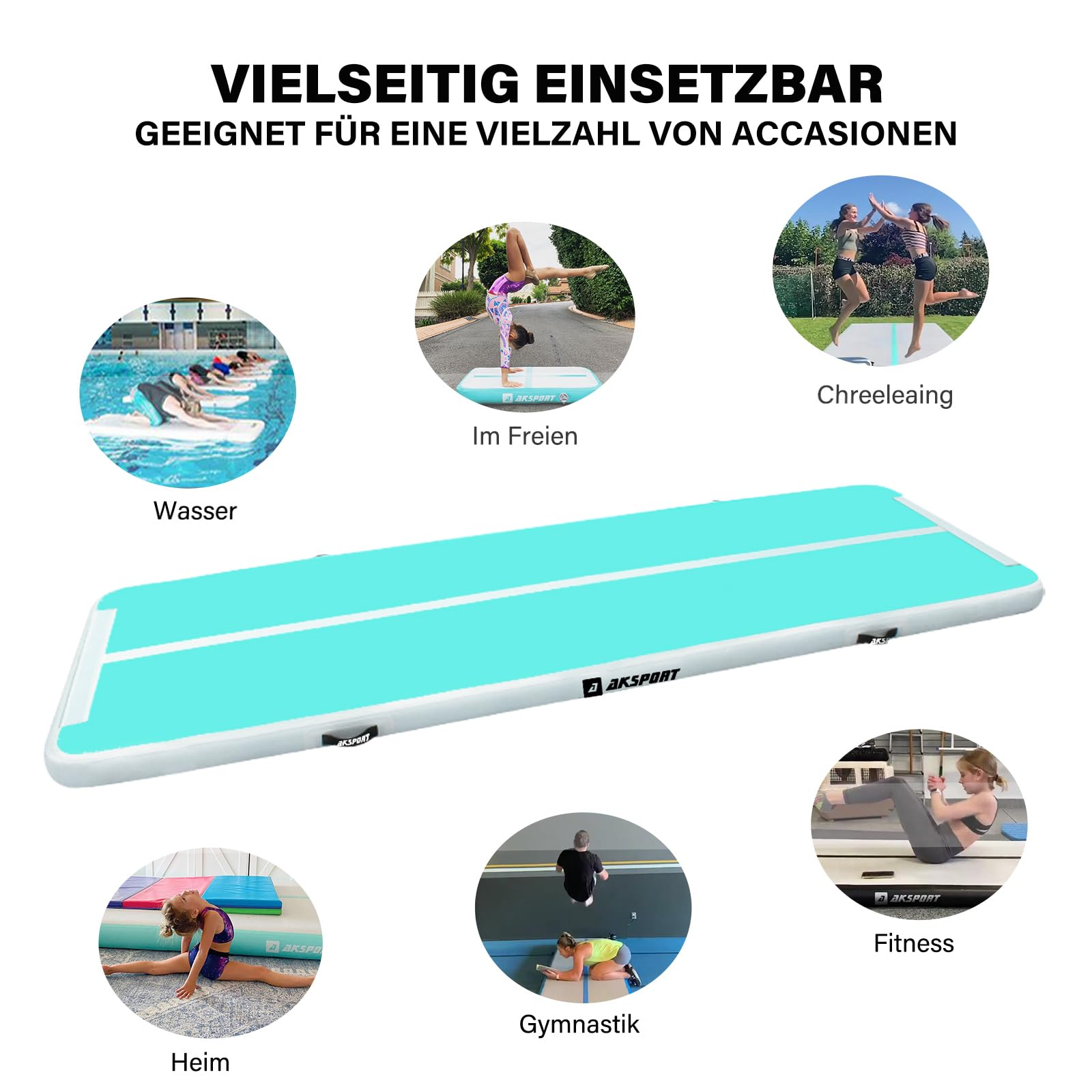 Eine türkisfarbene Luftmatte mit Beispielen für den Einsatz im Wasser, draußen, beim Turnen und Fitness.
