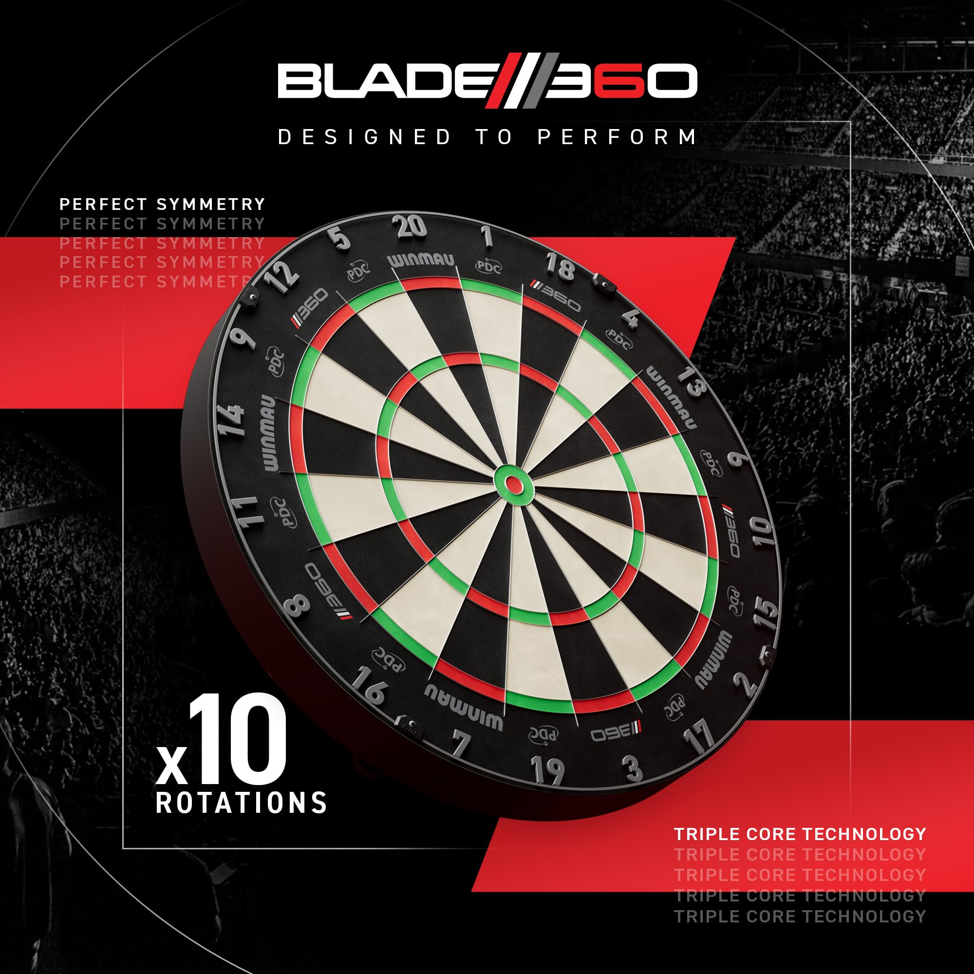 Eine Blade 360 Dartscheibe vor dunklem Stadionhintergrund zeigt ihr symmetrisches Design.