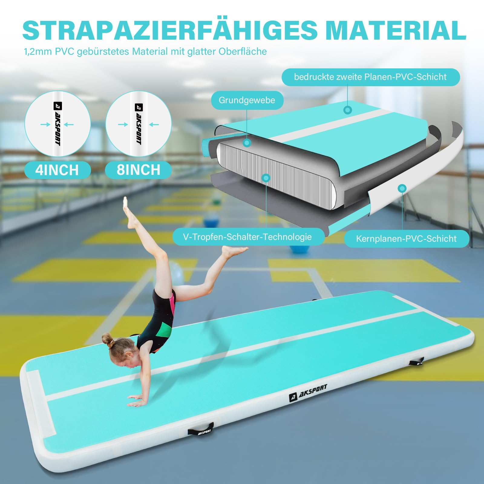 Eine Turnerin macht einen Handstand auf einer blauen Gymnastikmatte, mit Detaildiagramm des Materials.
