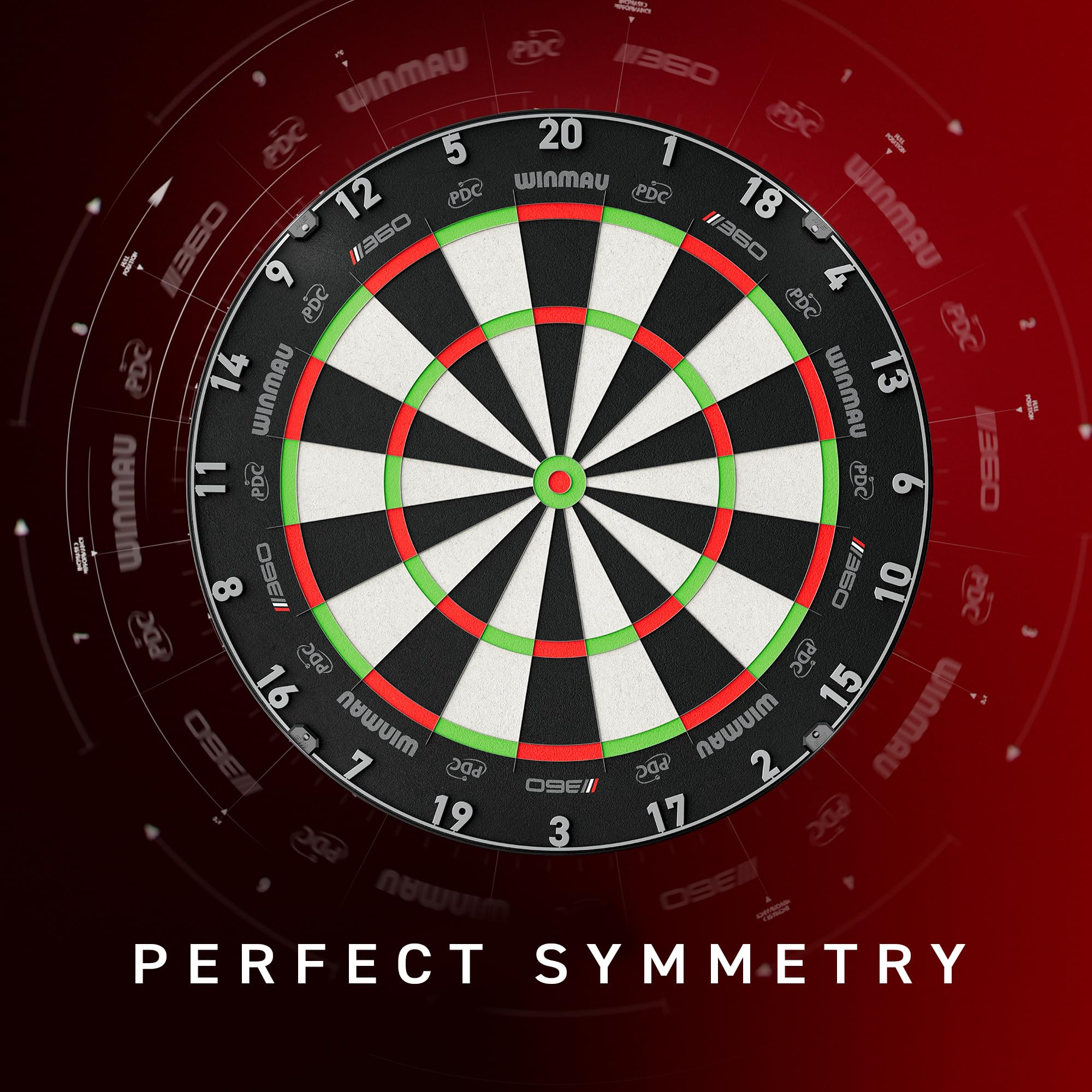Eine Nahaufnahme einer Winmau Dartscheibe auf rotem Hintergrund mit dem Text PERFECT SYMMETRY.