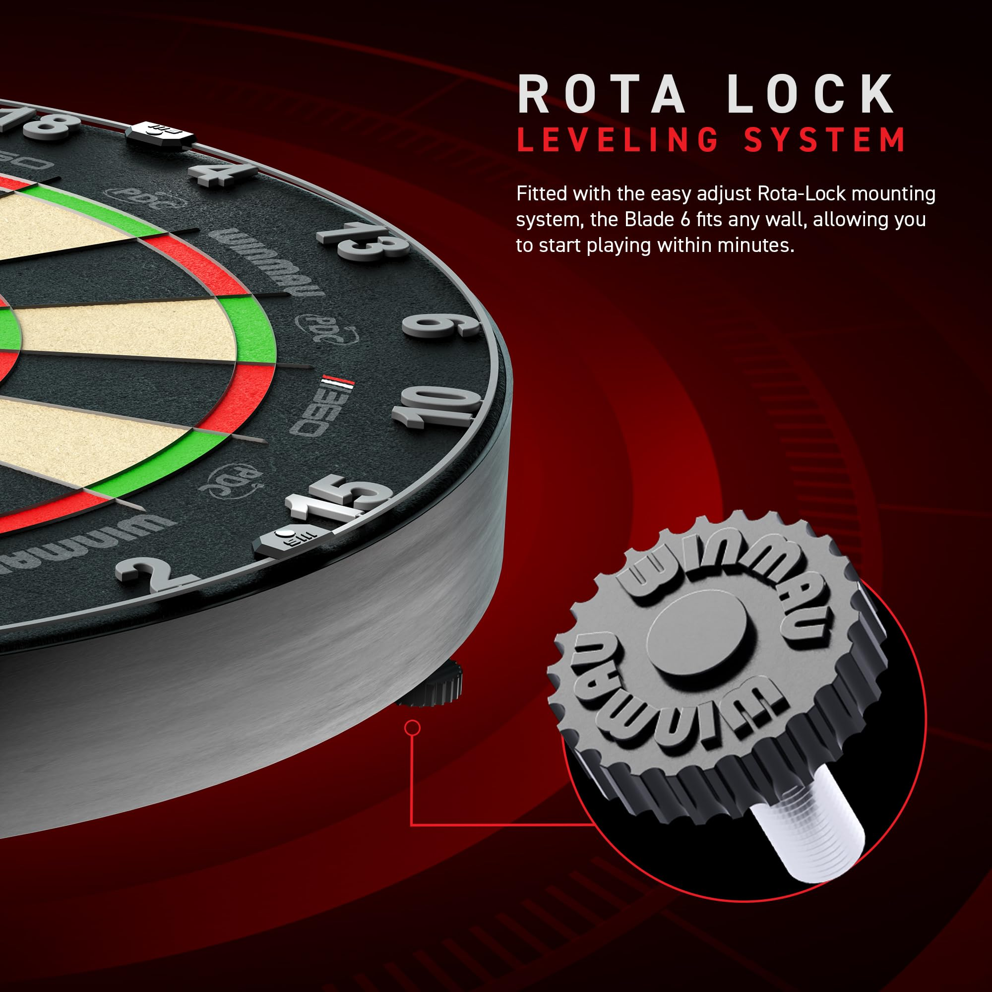 Dartscheibe mit Rota-Lock-Nivelliersystem und Verstellschraube auf rotem Hintergrund.