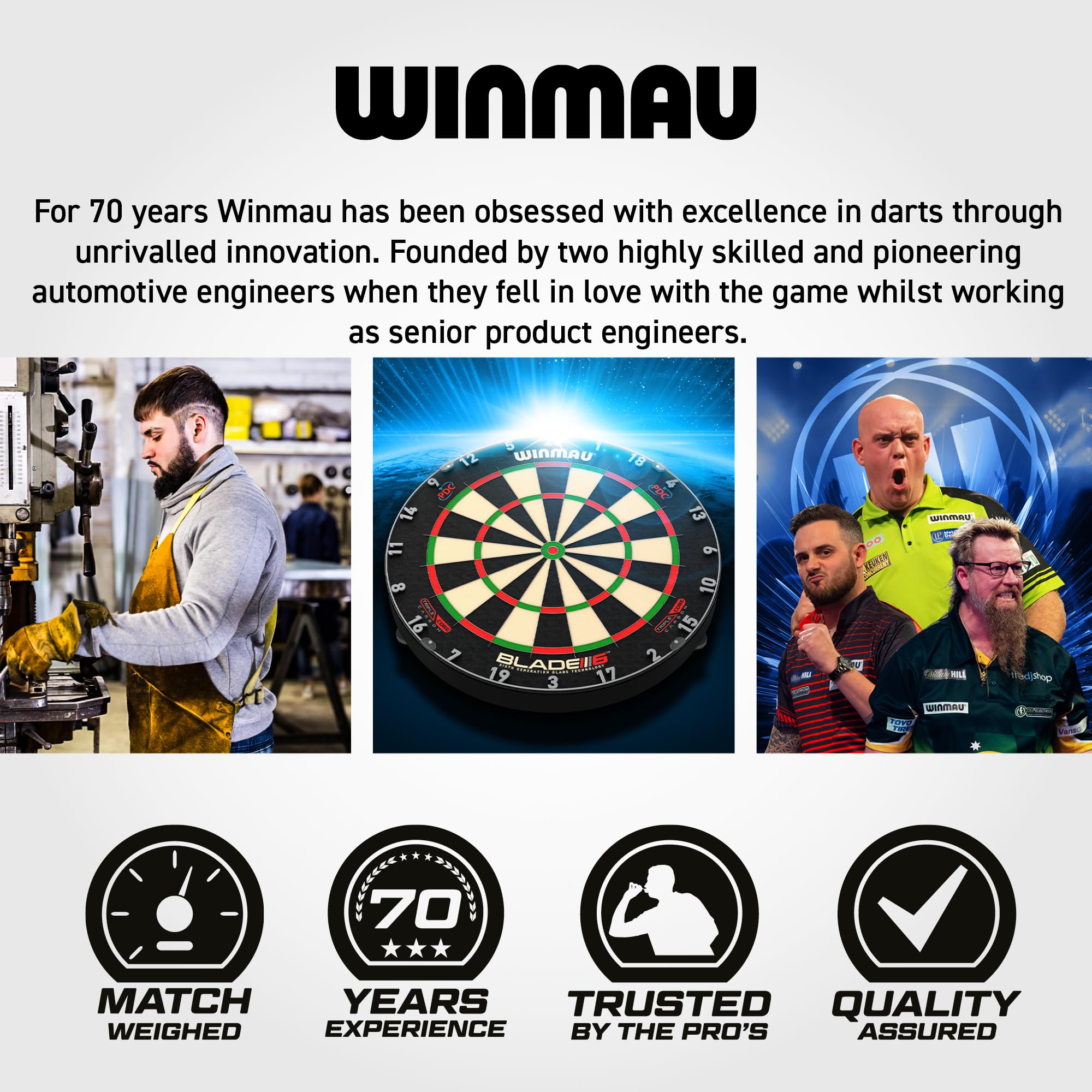 Winmau Darts Werbung mit Arbeiter, Dartscheibe, Spielern und vier Qualitätssiegeln.