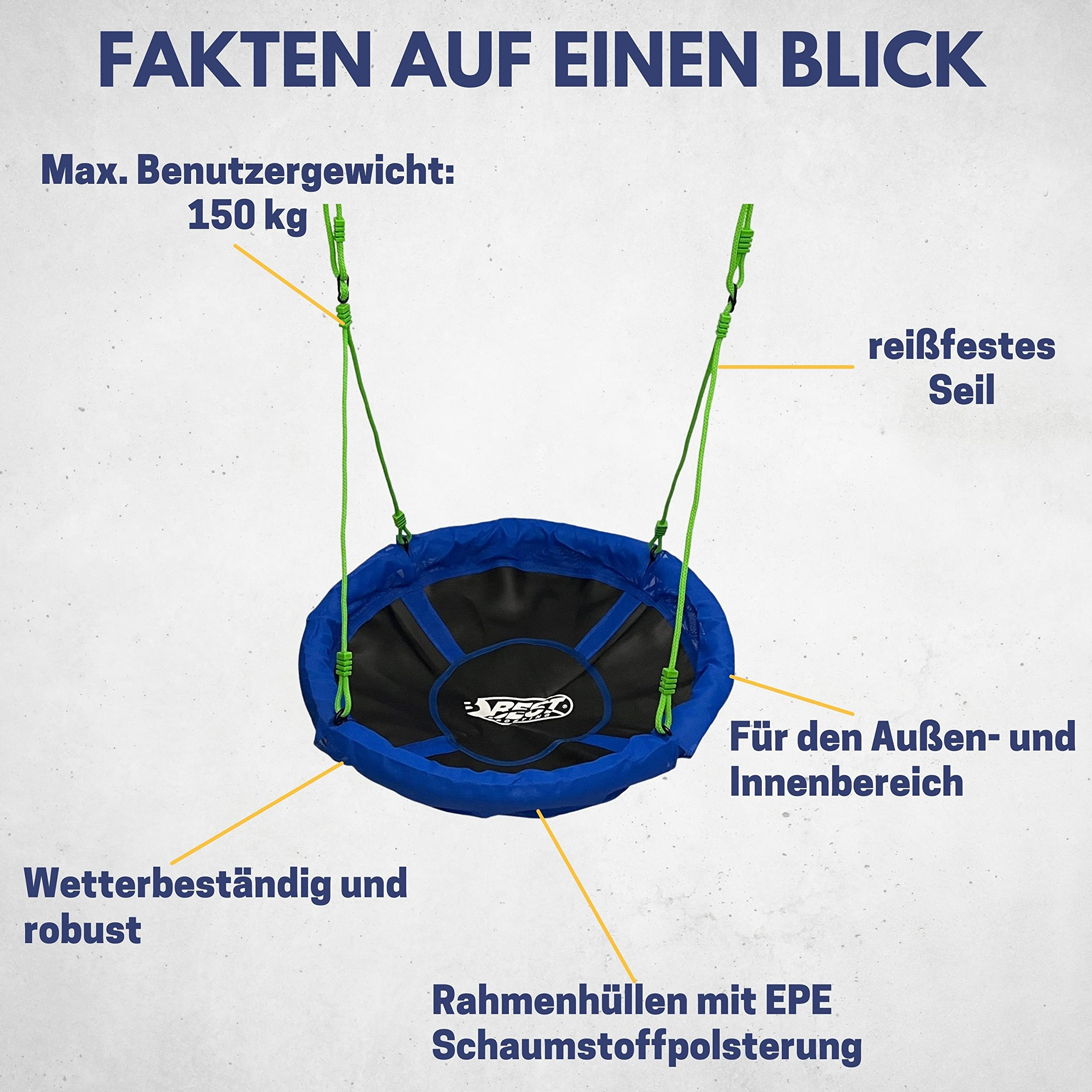Altalena a nido blu con corde verdi e testi in tedesco sulle caratteristiche come max 150 kg e resistenza.