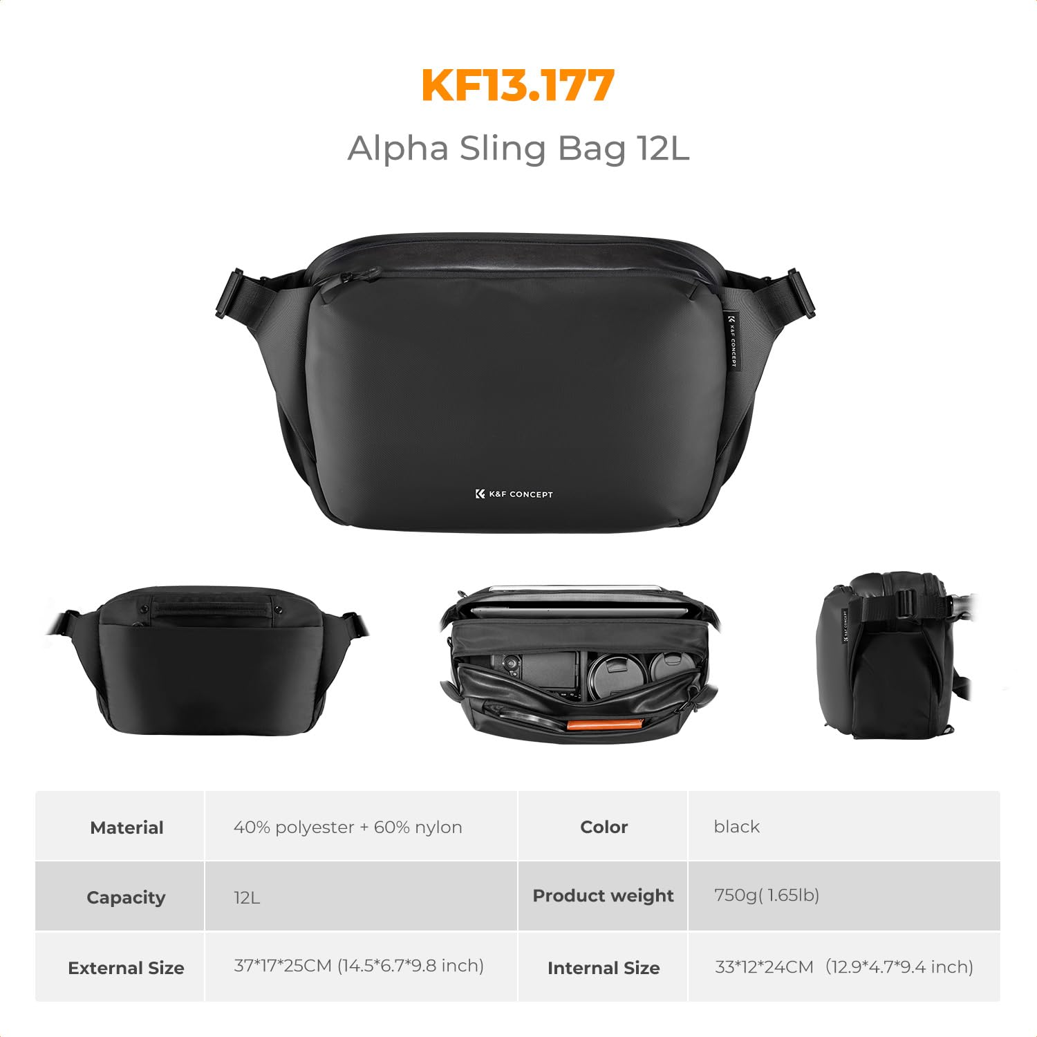 Produktansicht einer schwarzen K&F Concept Alpha Sling Bag 12L mit technischen Daten.