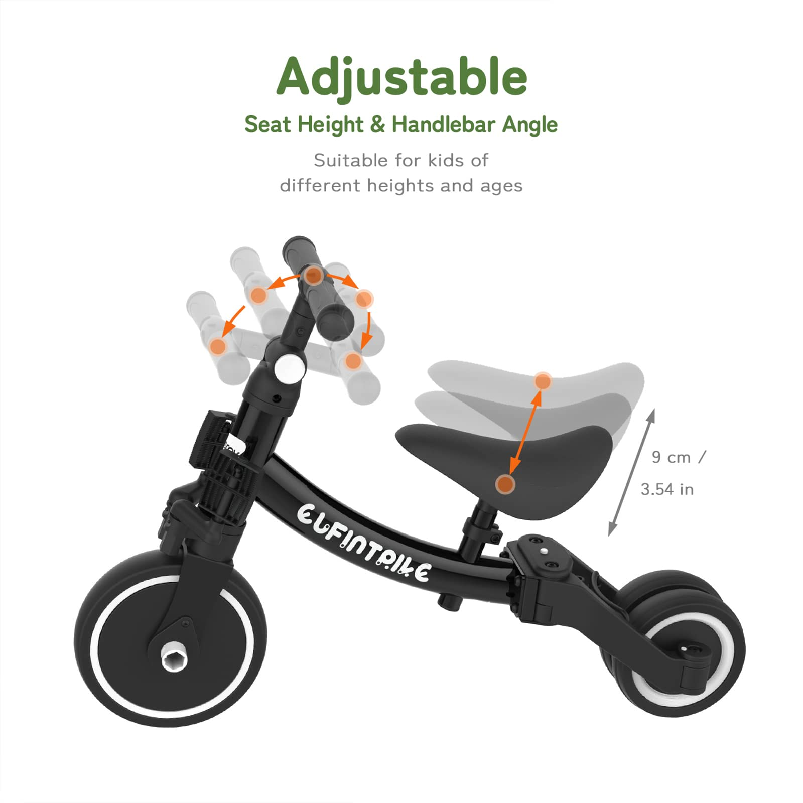 Tricycle noir pour enfants avec siège et guidon réglables sur fond blanc.