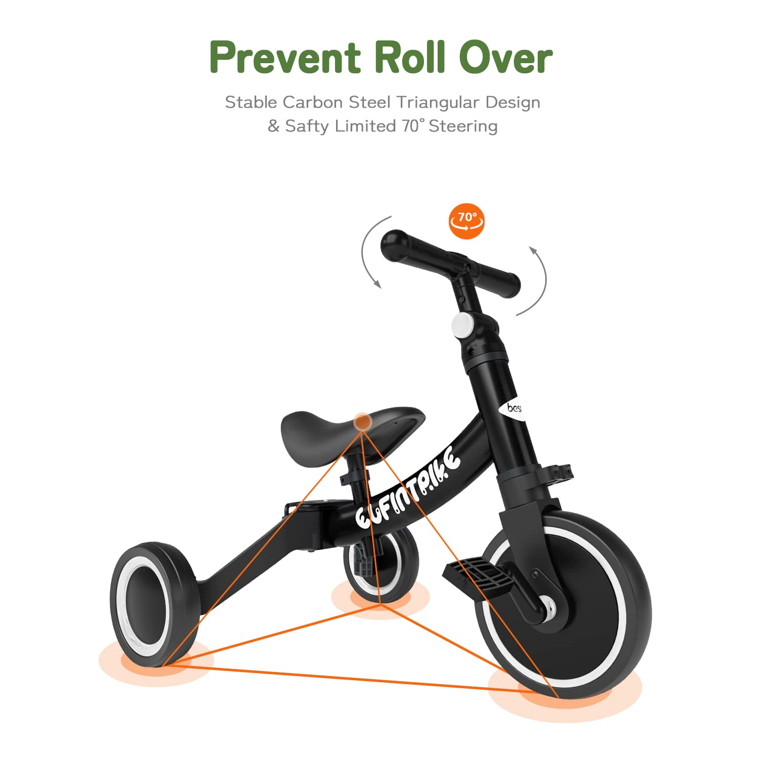 Un tricycle noir pour tout-petit affiche le texte 'Prevent Roll Over' et un repère triangulaire orange.