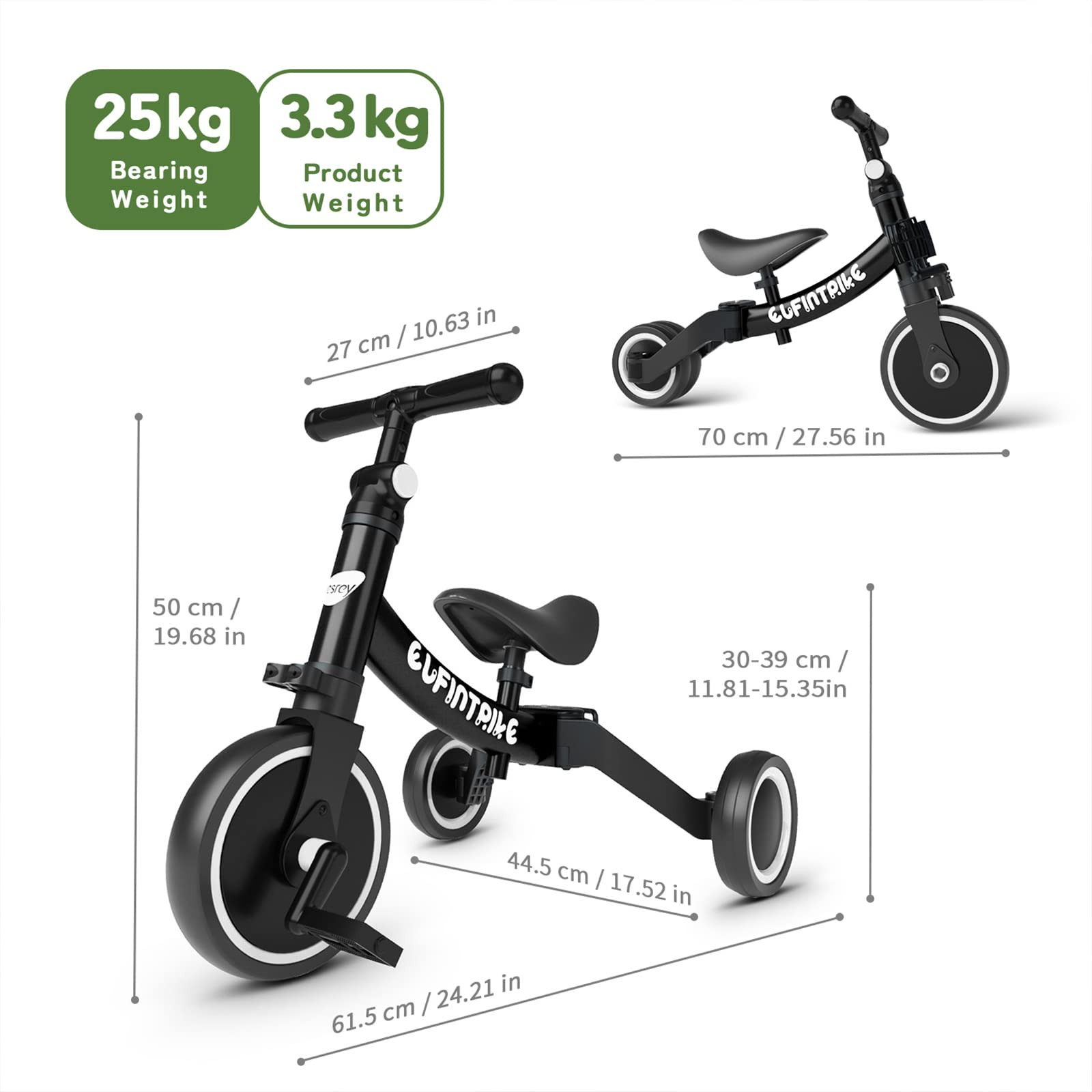 Tricycle pour enfants noir avec dimensions et poids indiqués.