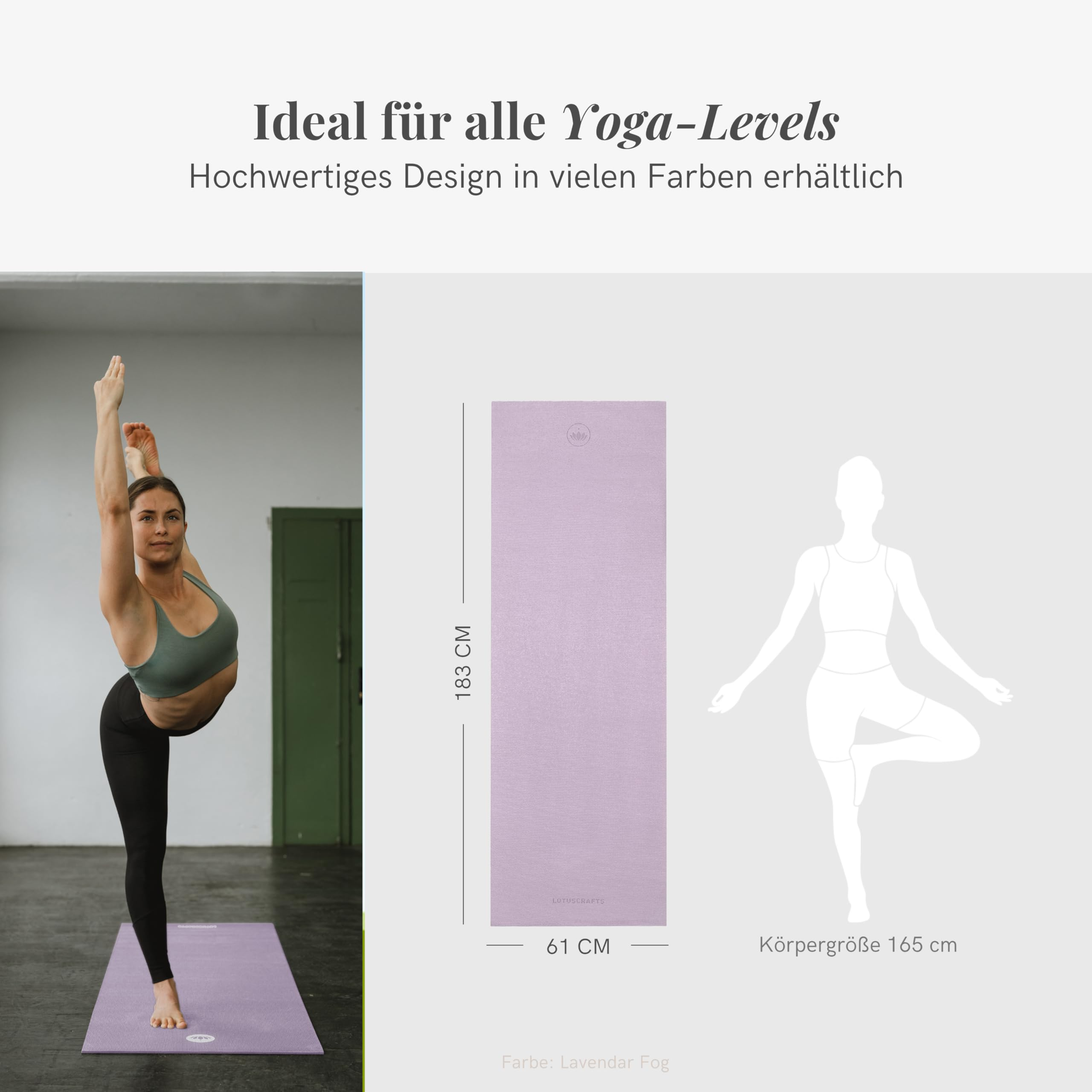Eine lavendelfarbene Yogamatte (183x61cm) mit einer Yoga praktizierenden Frau und einer Körpersilhouette.