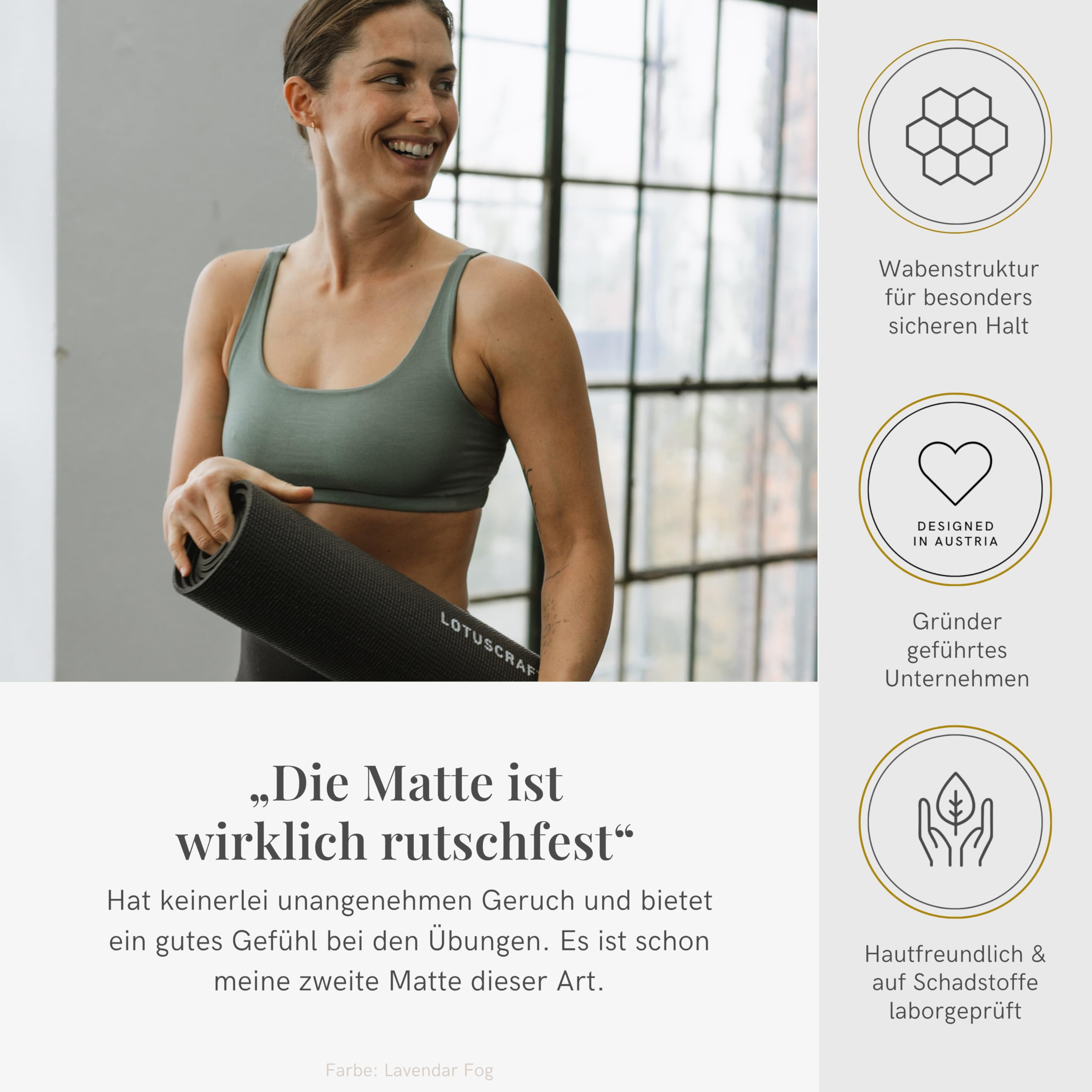 Lächelnte Frau mit Yogamatte, Produktfeatures und Zitat.