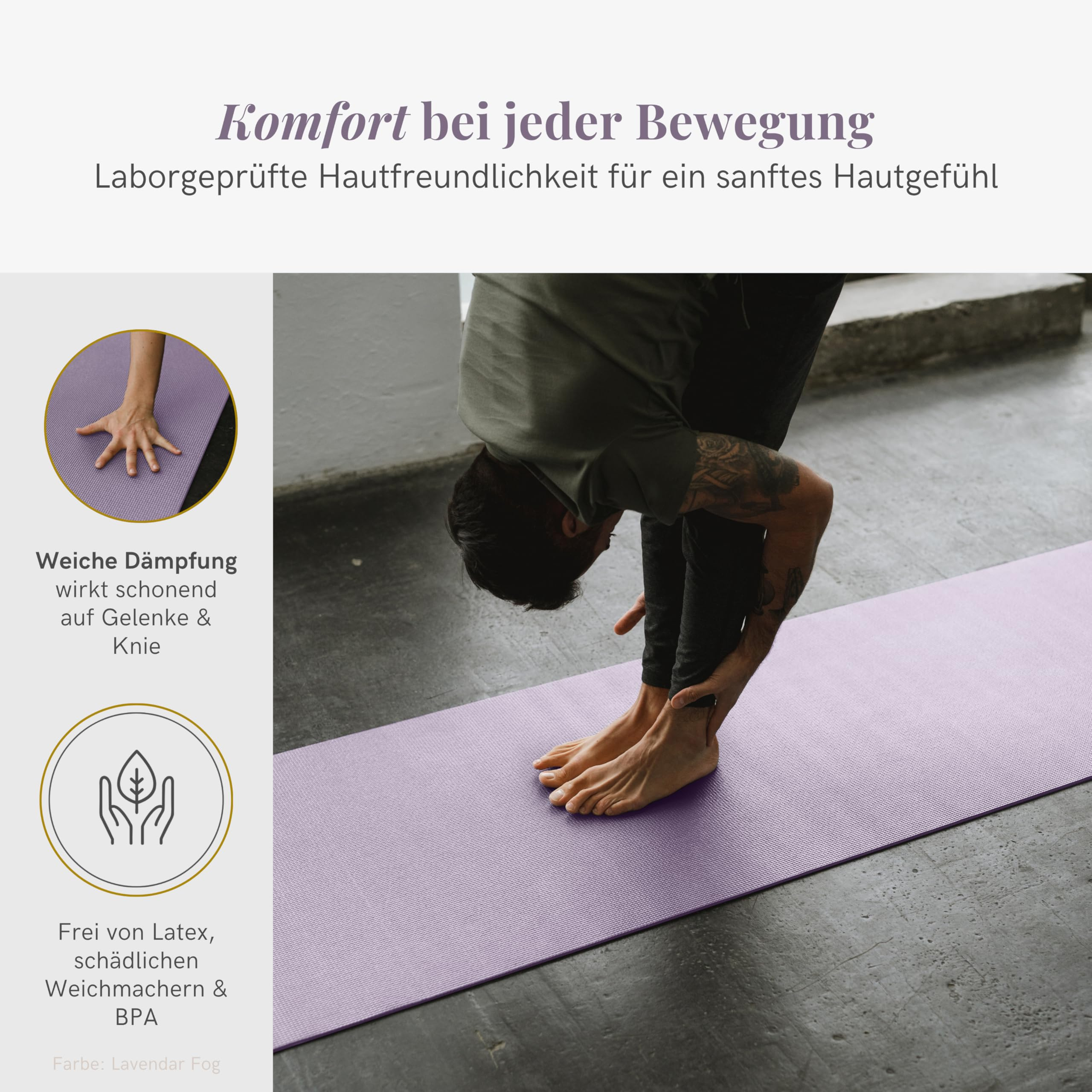 Person biegt sich auf einer lavendelfarbenen Yogamatte nach vorne mit Text und Icons.