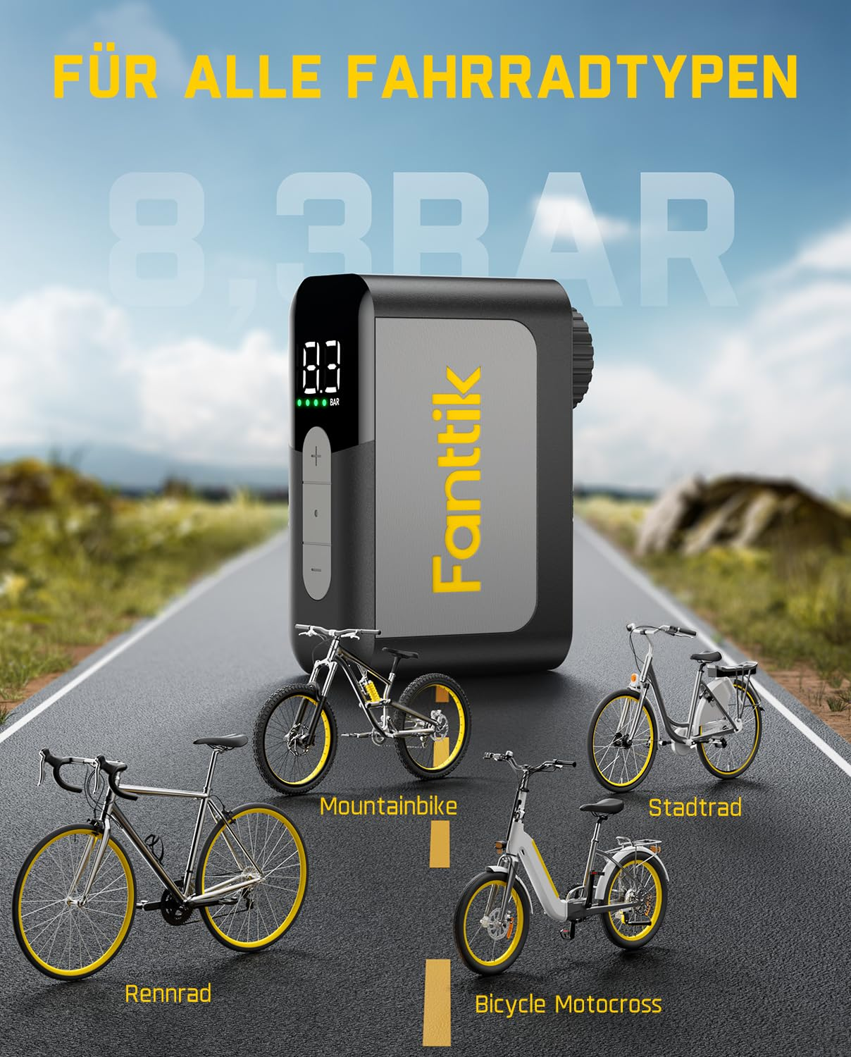 Una pompa portatile Fanttik su una strada, circondata da vari tipi di bici come corsa e mountain bike.