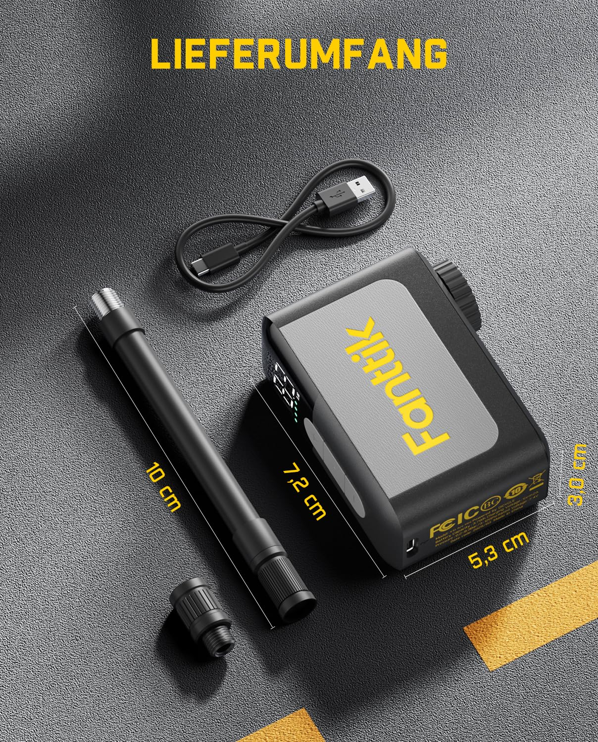 Dotazione con mini compressore Fanttik nero, cavo USB e tubo con dimensioni.