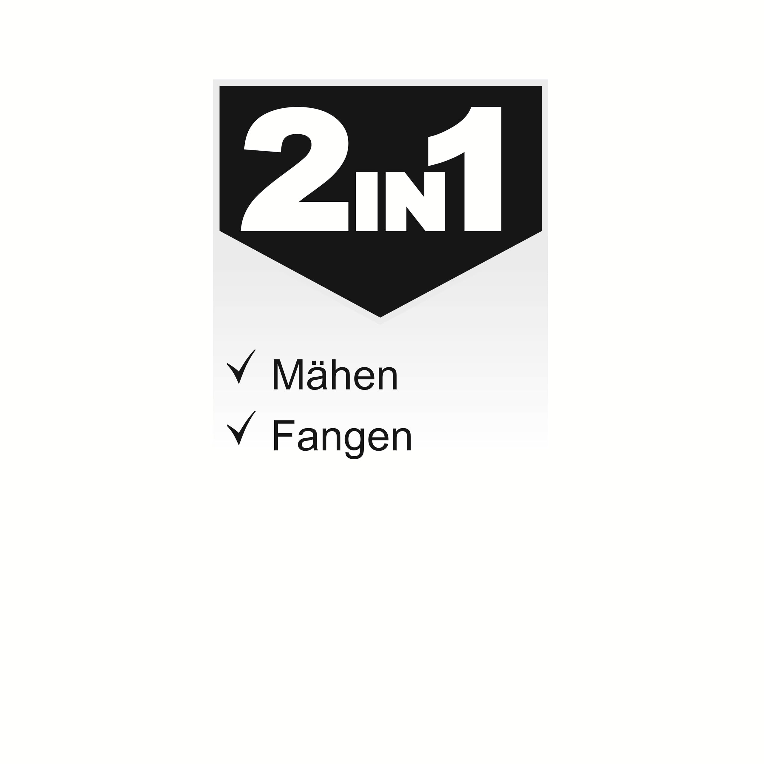Ein schwarzes 2-in-1-Logo mit Häkchen für Mähen und Fangen.