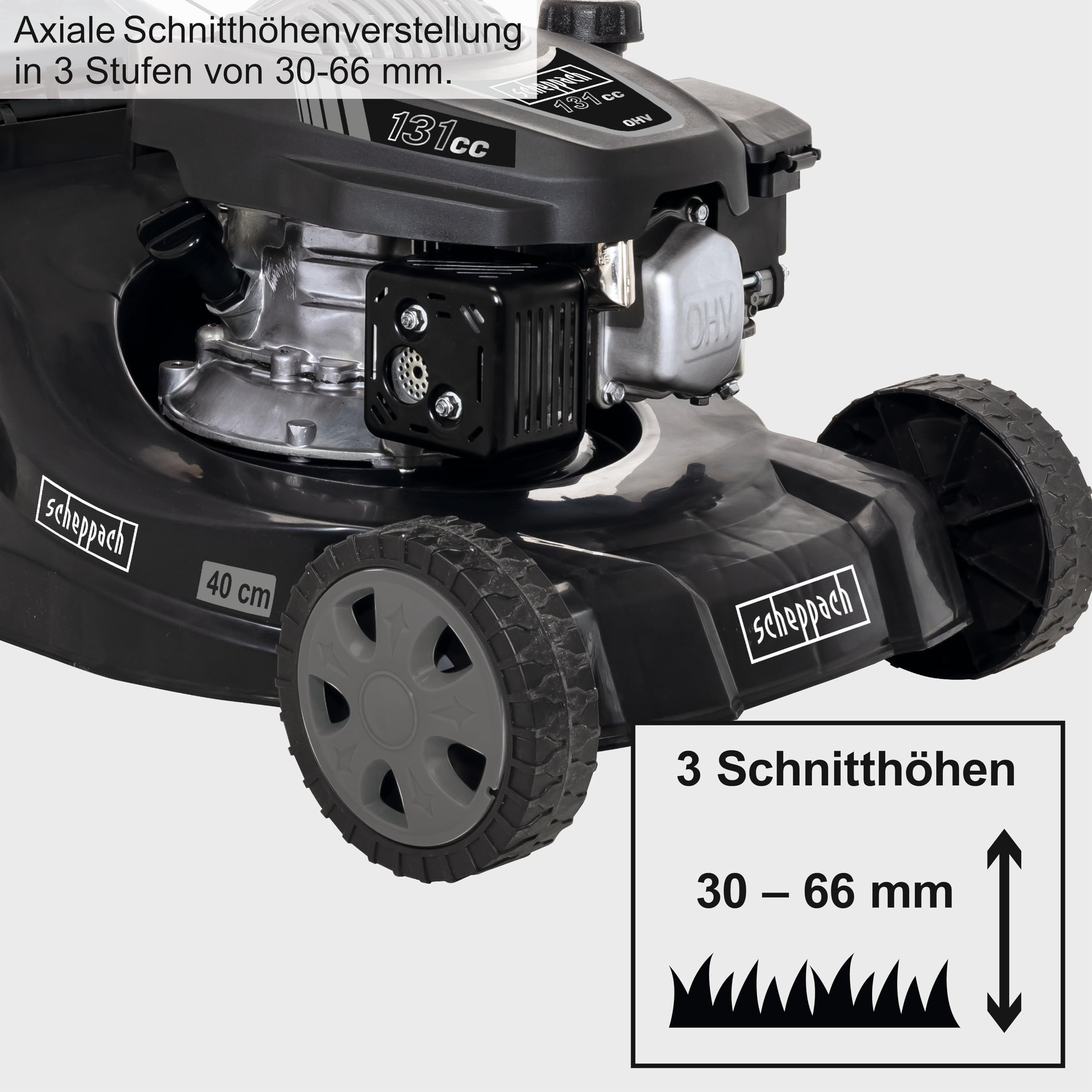 Schwarzer Scheppach Rasenmäher mit 131cc Motor und axialer Schnitthöhenverstellung von 30 bis 66 mm.
