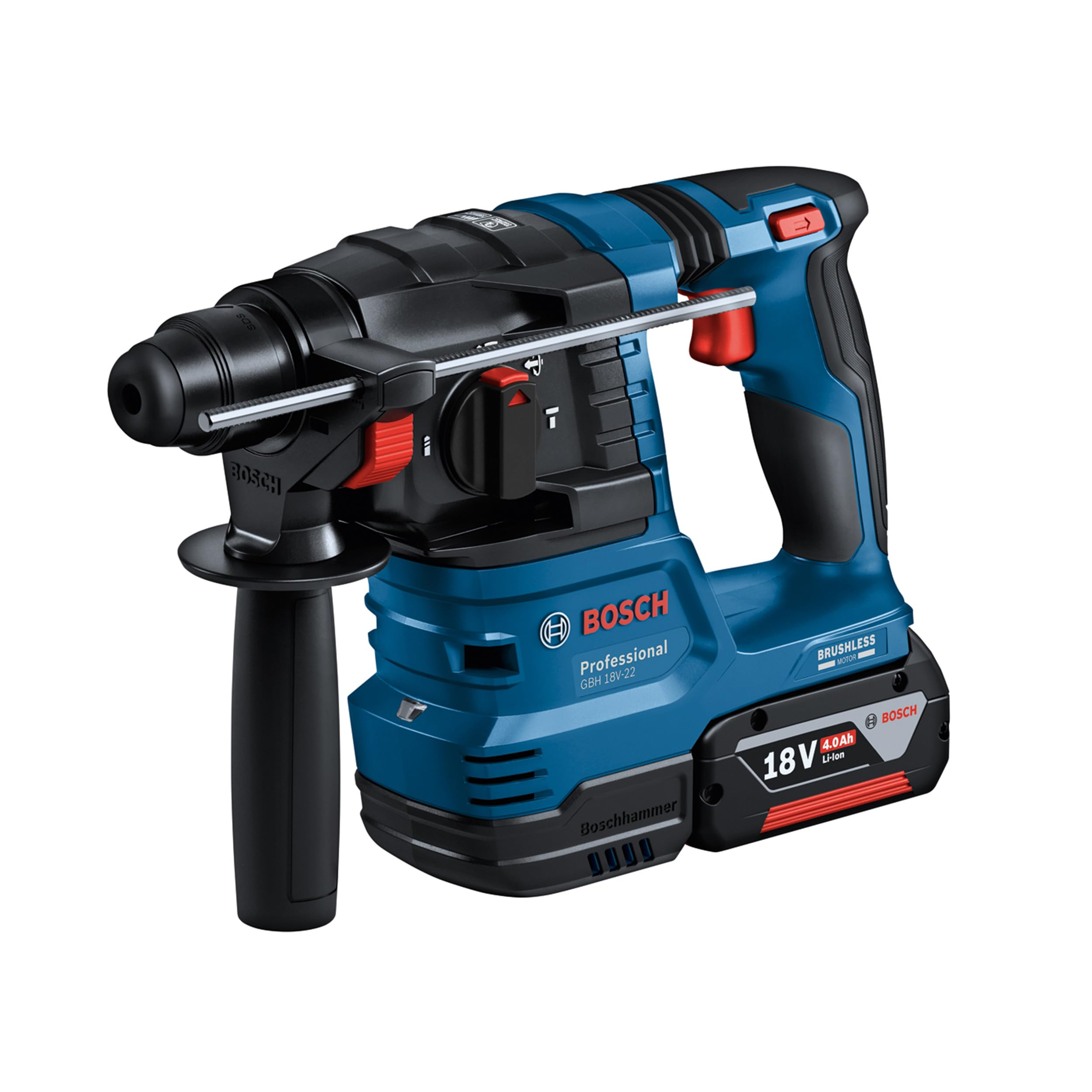 Ein blau-schwarzer Bosch Professional Akku-Bohrhammer mit angeschlossenem 18V-Akku.