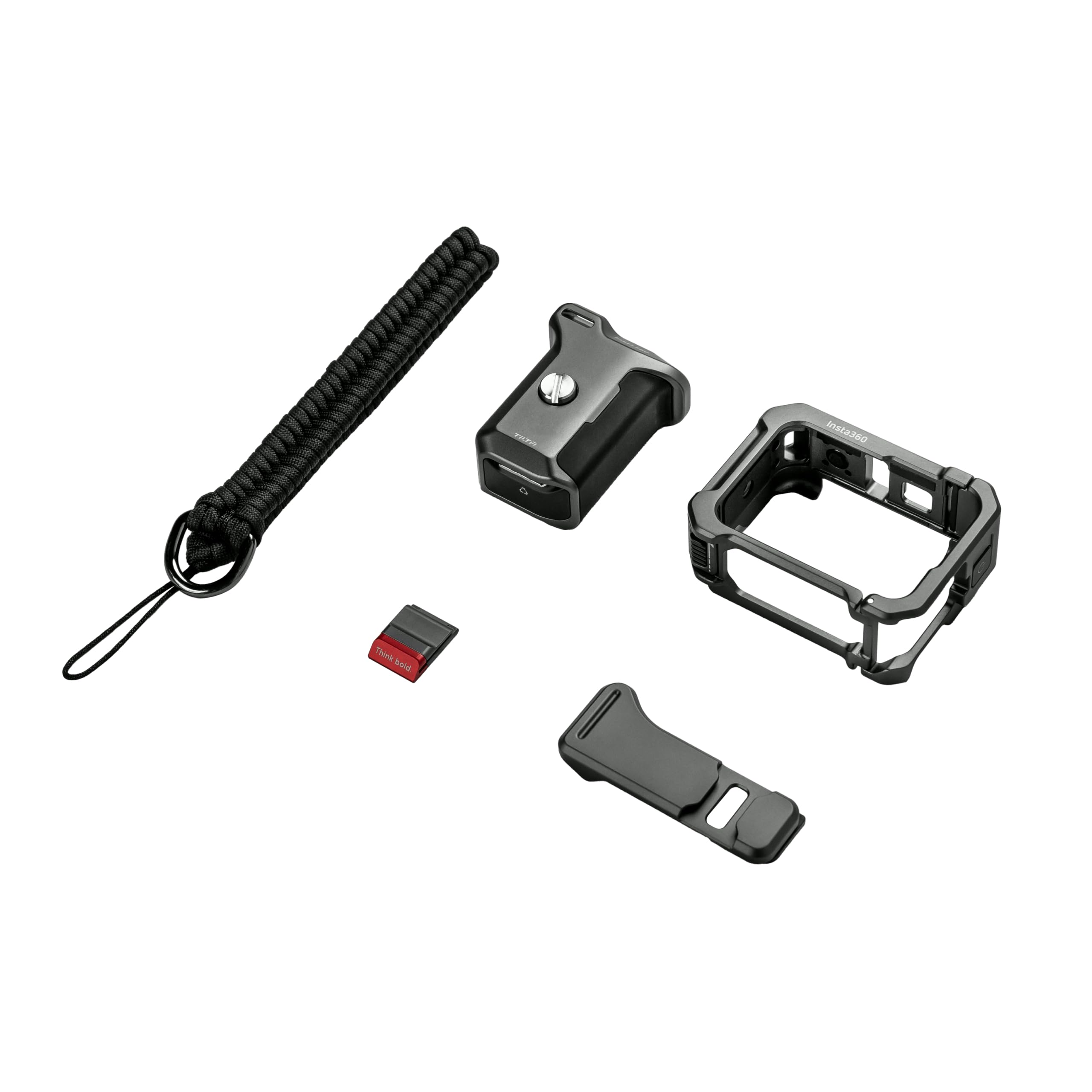 Ein schwarzes Kamerakäfig-Set mit geflochtenem Gurt, Halterung, Grundplatte und einem kleinen rot akzentuierten Teil.