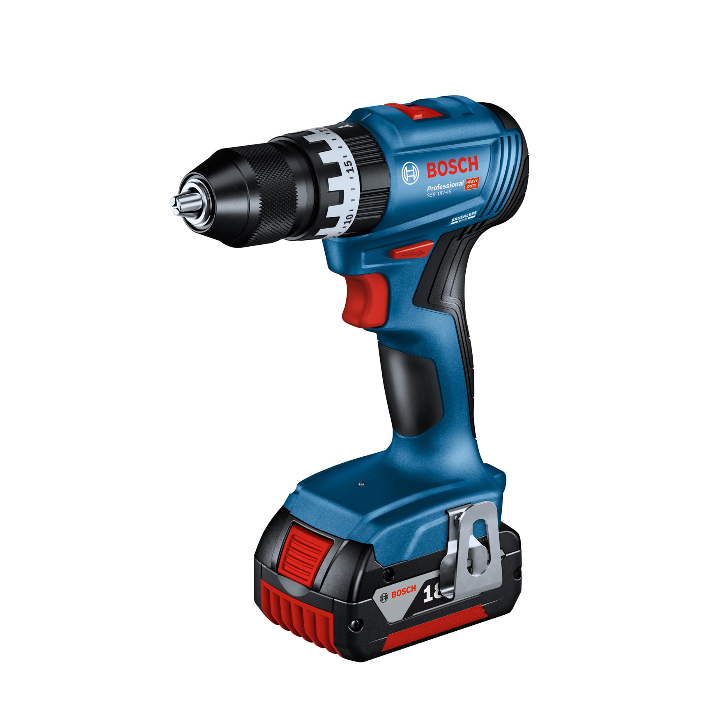 Eine blaue und schwarze Bosch Akkuschlagbohrmaschine auf weiÃŸem Hintergrund.