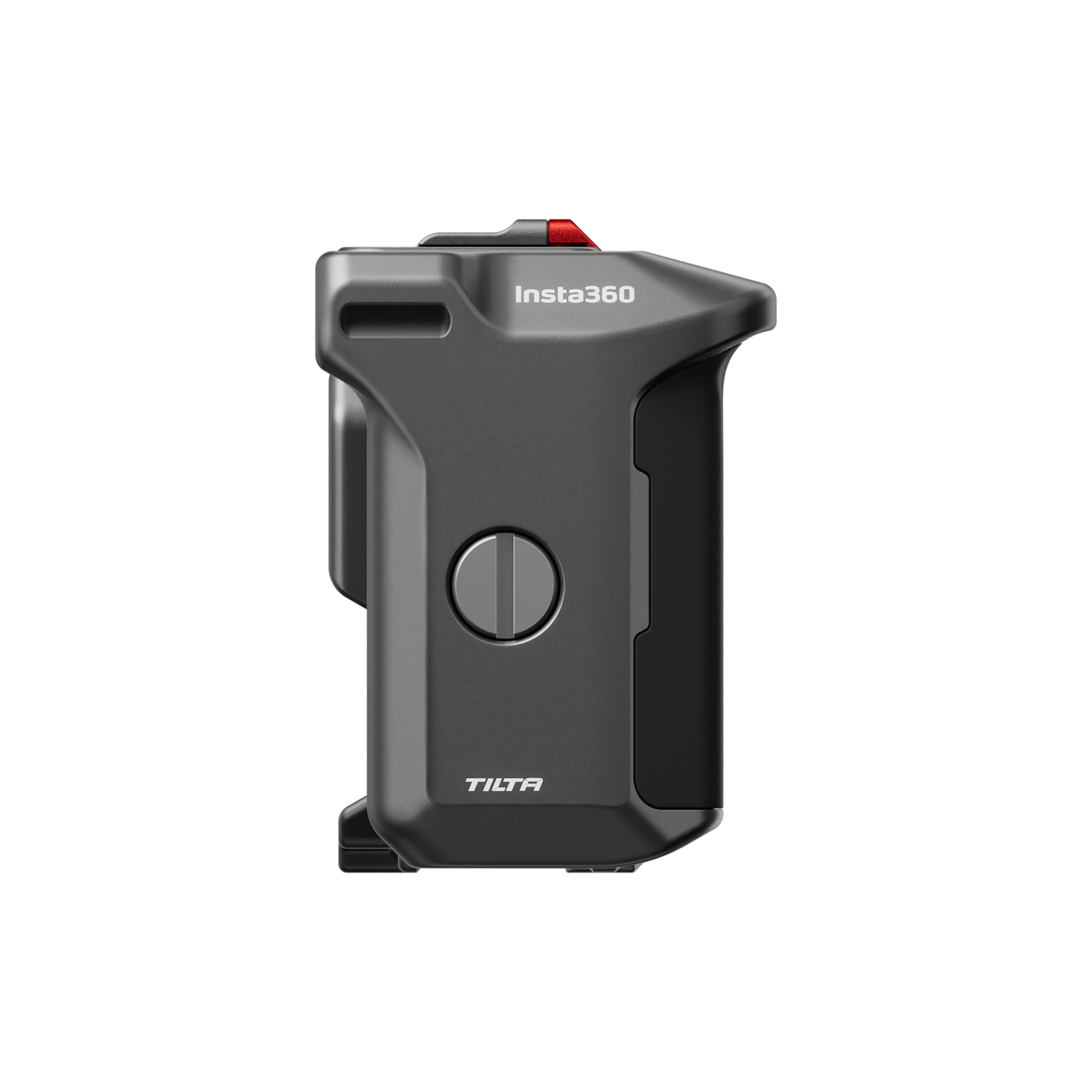 Ein dunkelgrauer Tilta-Kamerakäfig für Insta360 mit rotem Auslöser oben und rundem Rad an der Seite.
