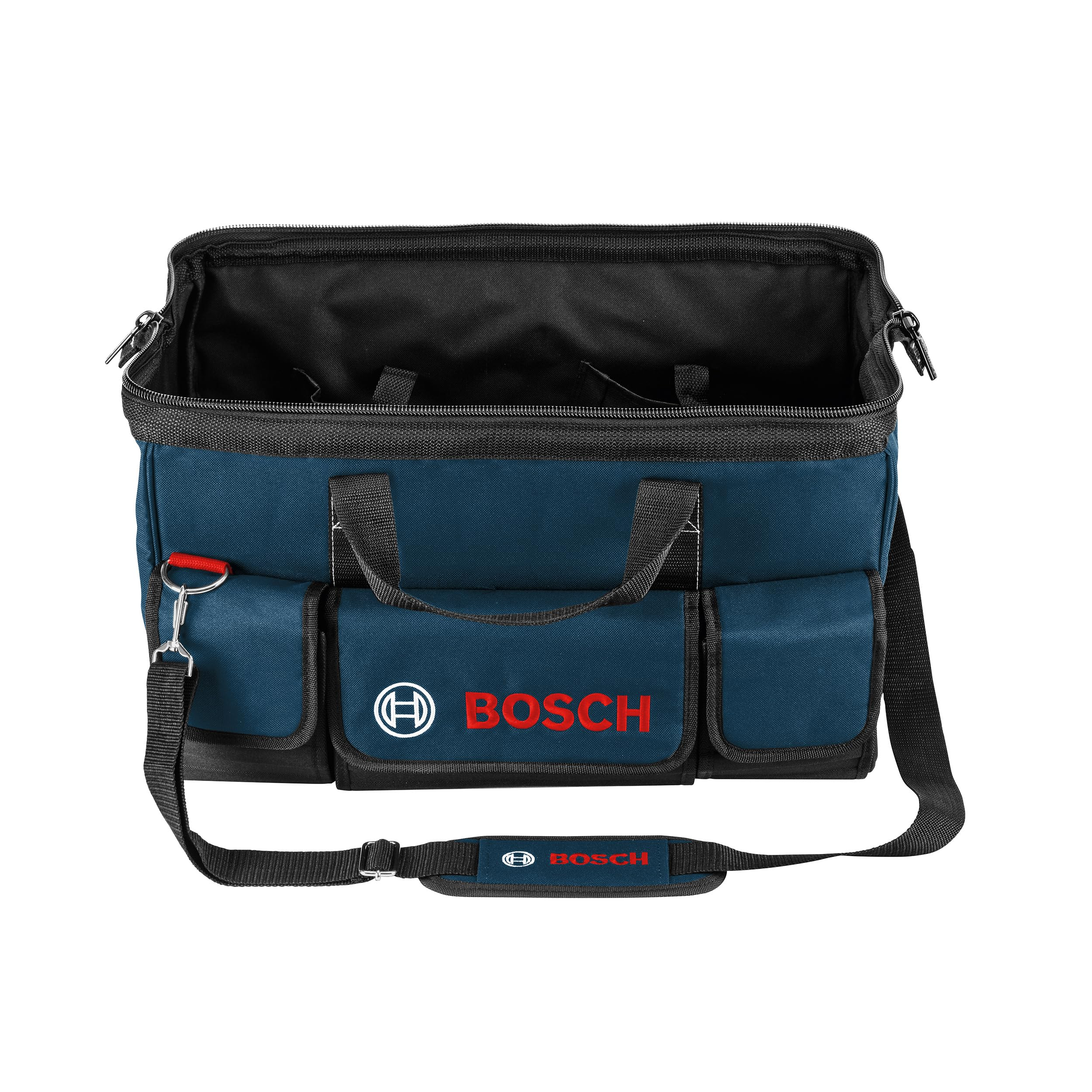 Offene blaue Bosch Werkzeugtasche mit Vorder- und Seitentaschen sowie Schultergurt vor weißem Hintergrund.