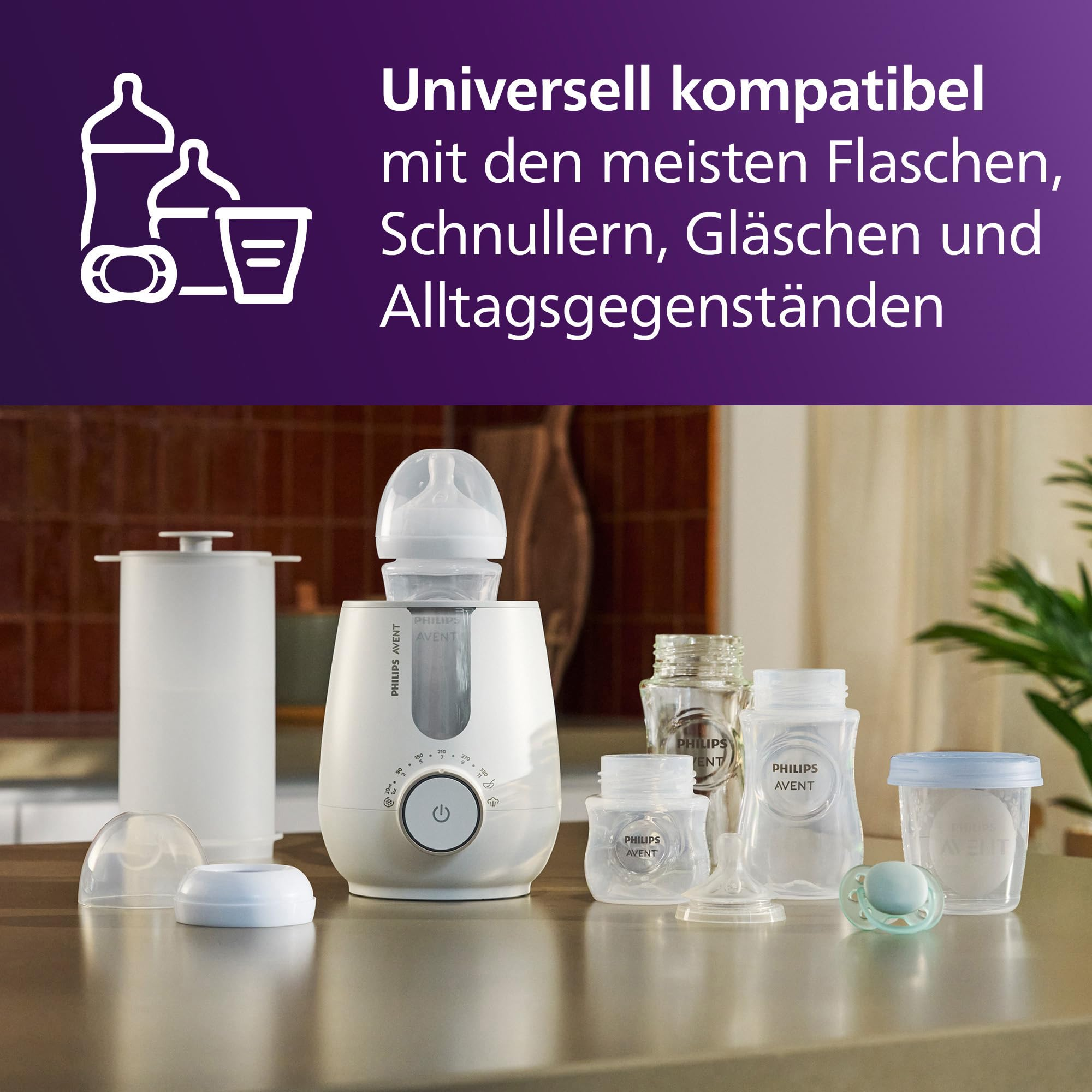 Uno scaldabiberon bianco Philips Avent su un tavolo di legno, circondato da vari biberon e accessori.