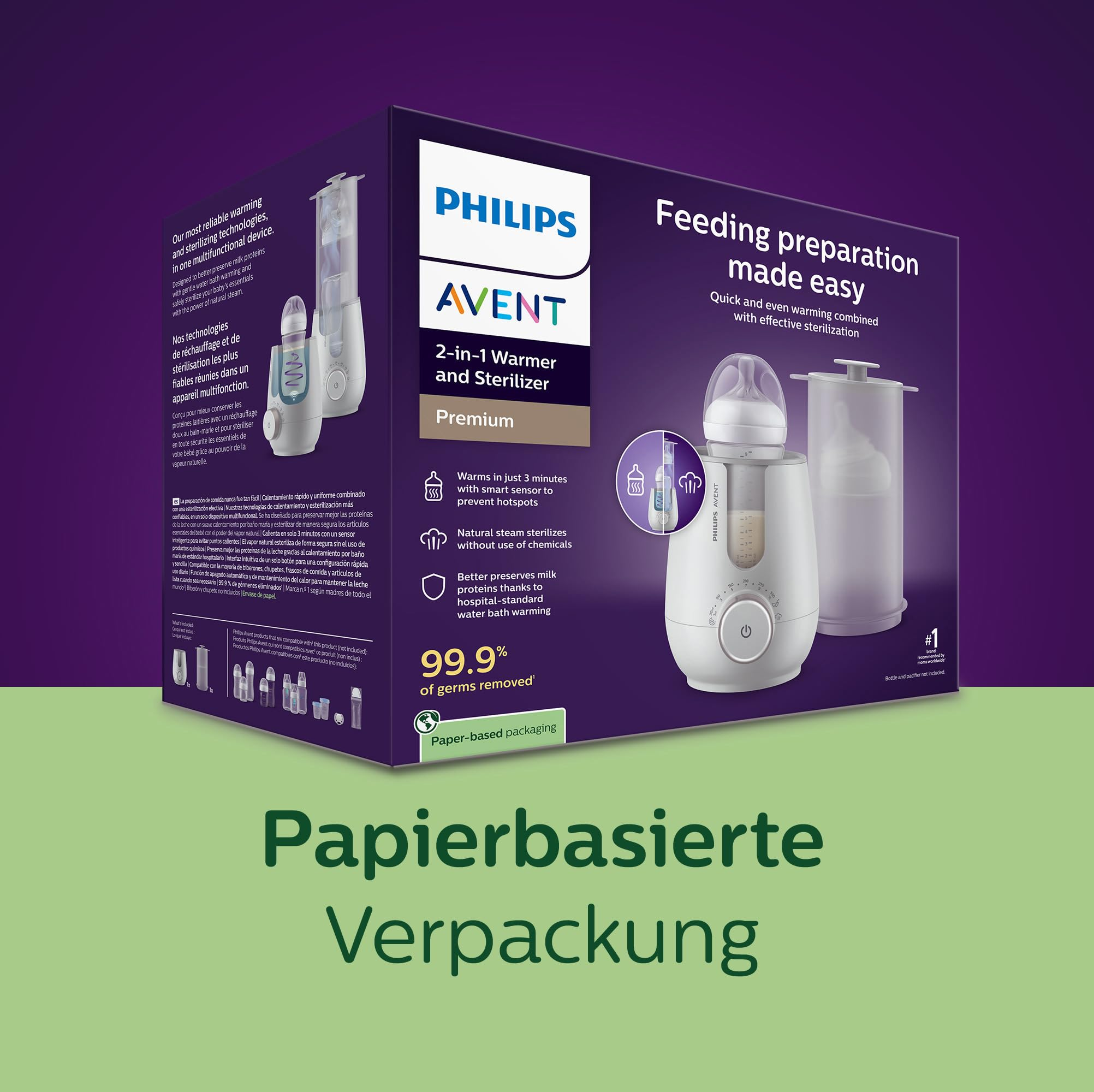 Scatola viola del prodotto Philips Avent per scalda biberon e sterilizzatore 2 in 1 su sfondo verde.