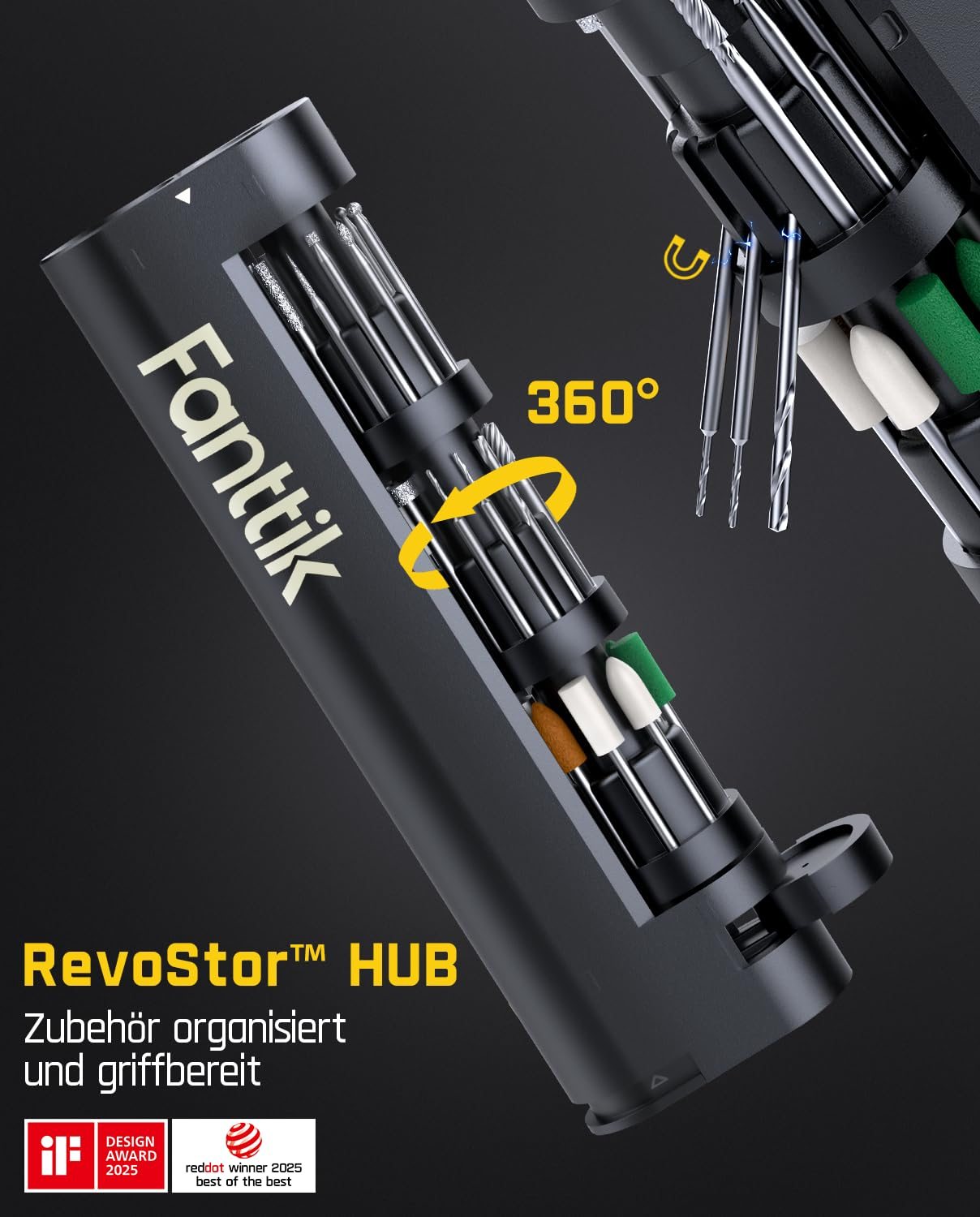 Fantik RevoStor Hub mit drehbaren Aufsätzen und Design-Auszeichnungen auf dunklem Grund.