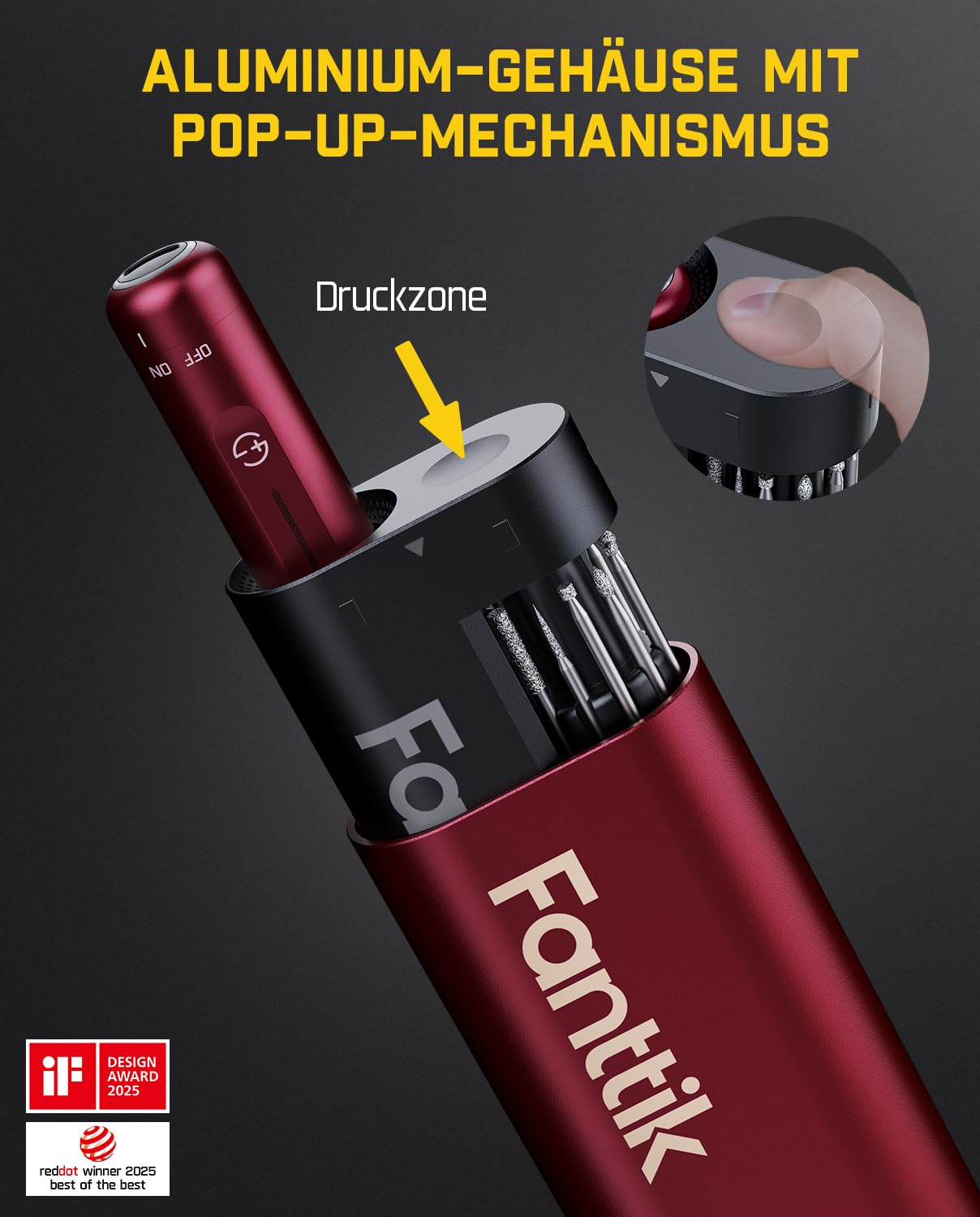 Rotes Werkzeugset im Aluminiumgehäuse mit Pop-up-Mechanismus und angeteilten Bohrkopf-Inbusschlüsseln.