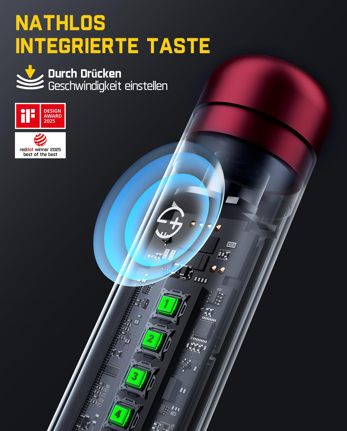 Technisches Produkt mit integrierter Taste zur Geschwindigkeitsregelung und Design-Auszeichnungen.
