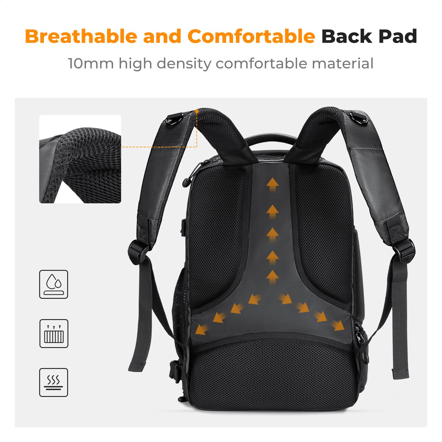 Rückseite eines schwarzen Rucksacks mit atmungsaktivem Mesh-Polster und gepolsterten Schultergurten.