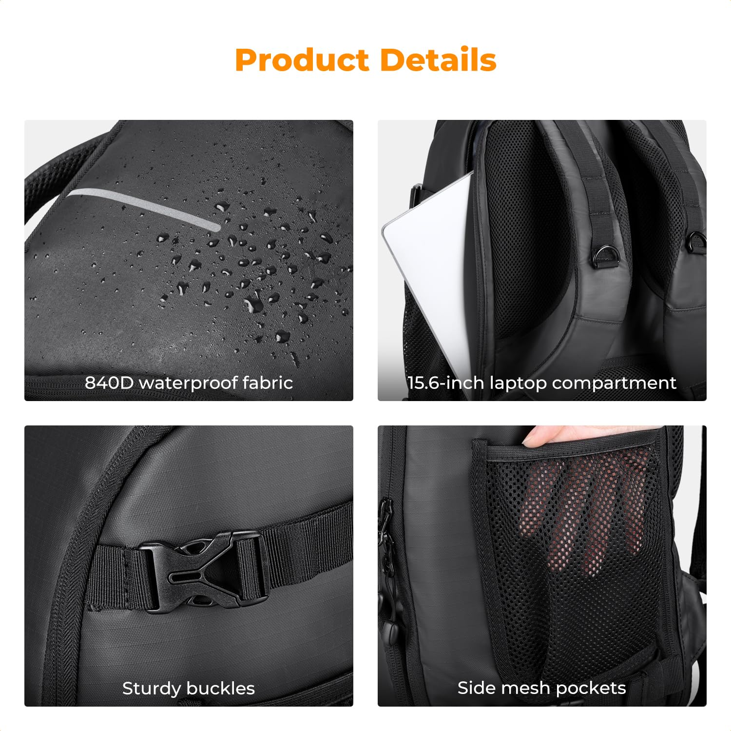 Produktdetails eines schwarzen Rucksacks mit wasserdichtem Stoff, Laptopfach, Schnallen und Netztaschen.