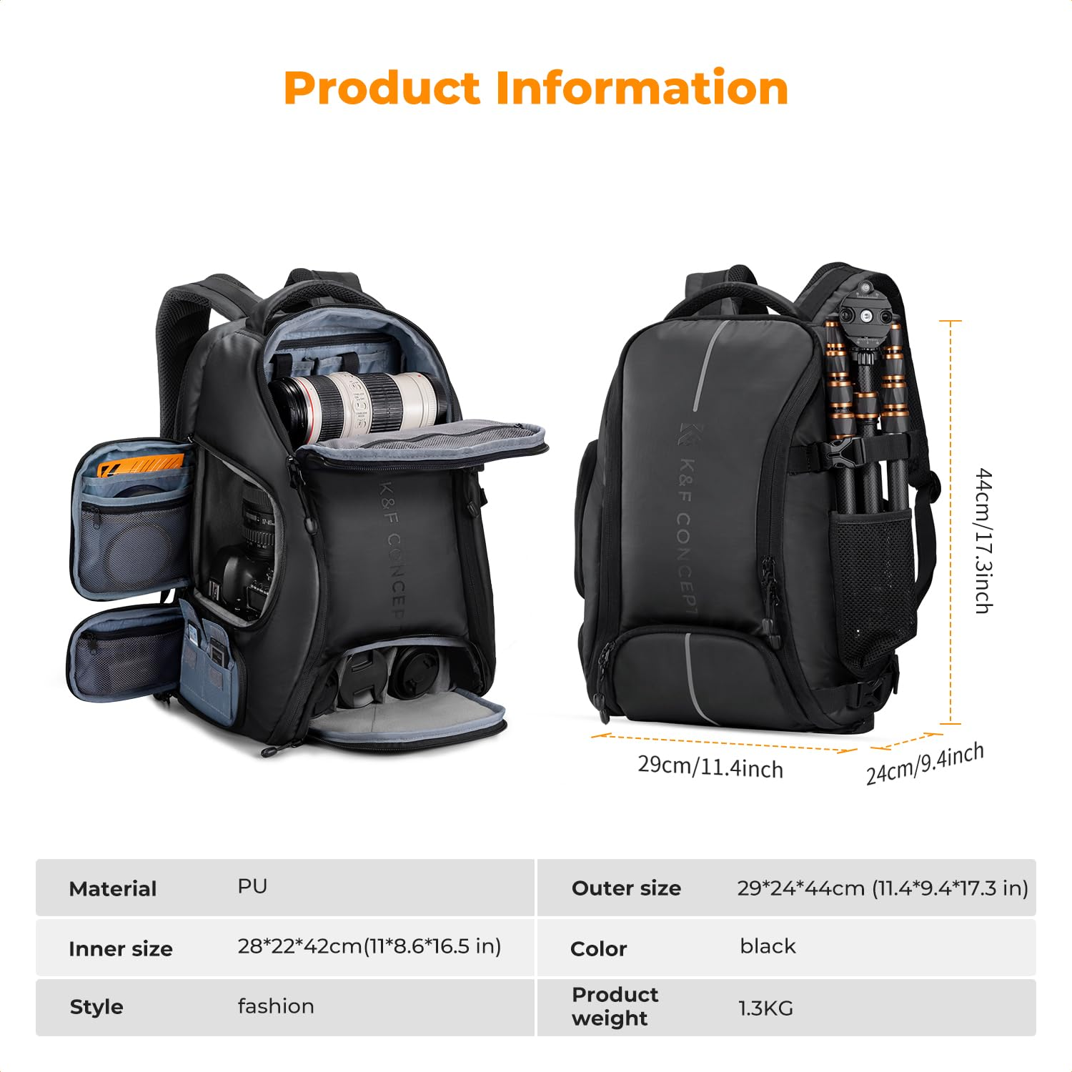 Produktinfo für einen schwarzen K&F Concept Fotorucksack mit Abmessungen, Fächern und Ausrüstung.