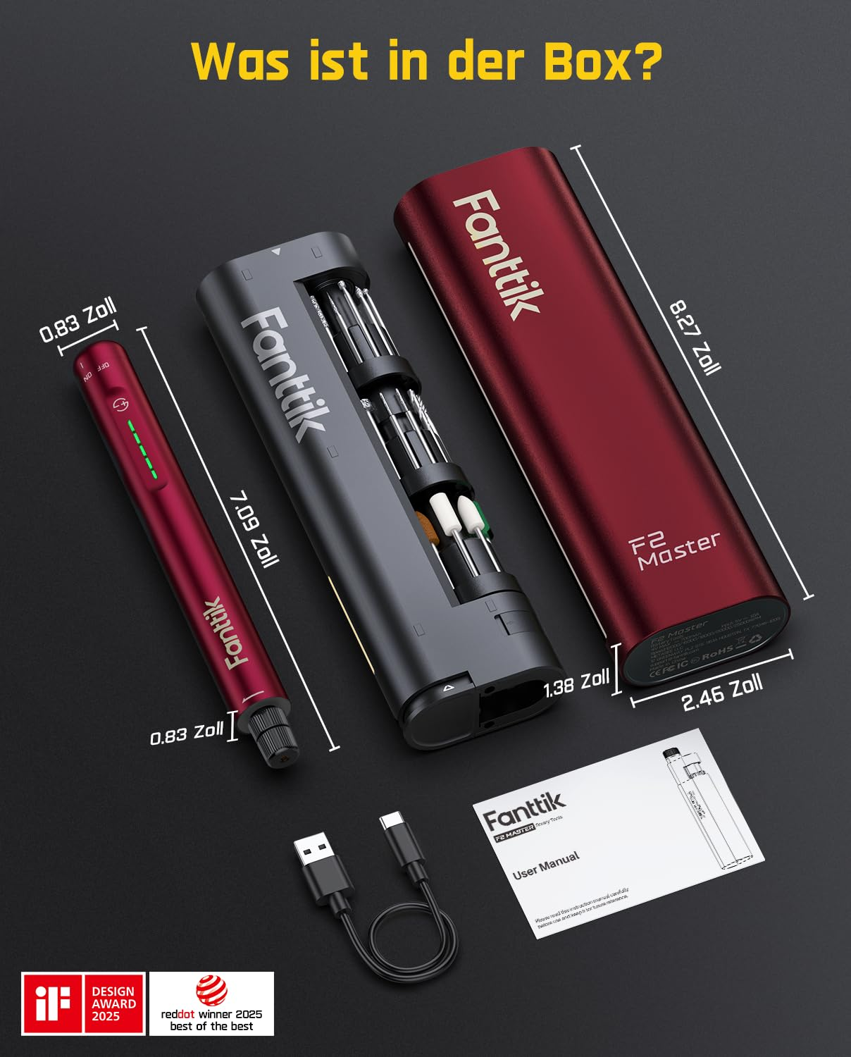 Fanttik F2 Master Drehwerkzeug mit rotem Gehäuse, offenem Fach mit Bits, USB-Kabel, Handbuch und Maßangaben.