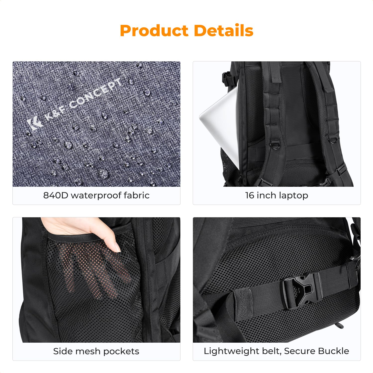 Produktdetails eines Rucksacks mit wasserdichtem Stoff, Laptop-Fach, Netztaschen und Gürtelschnalle.