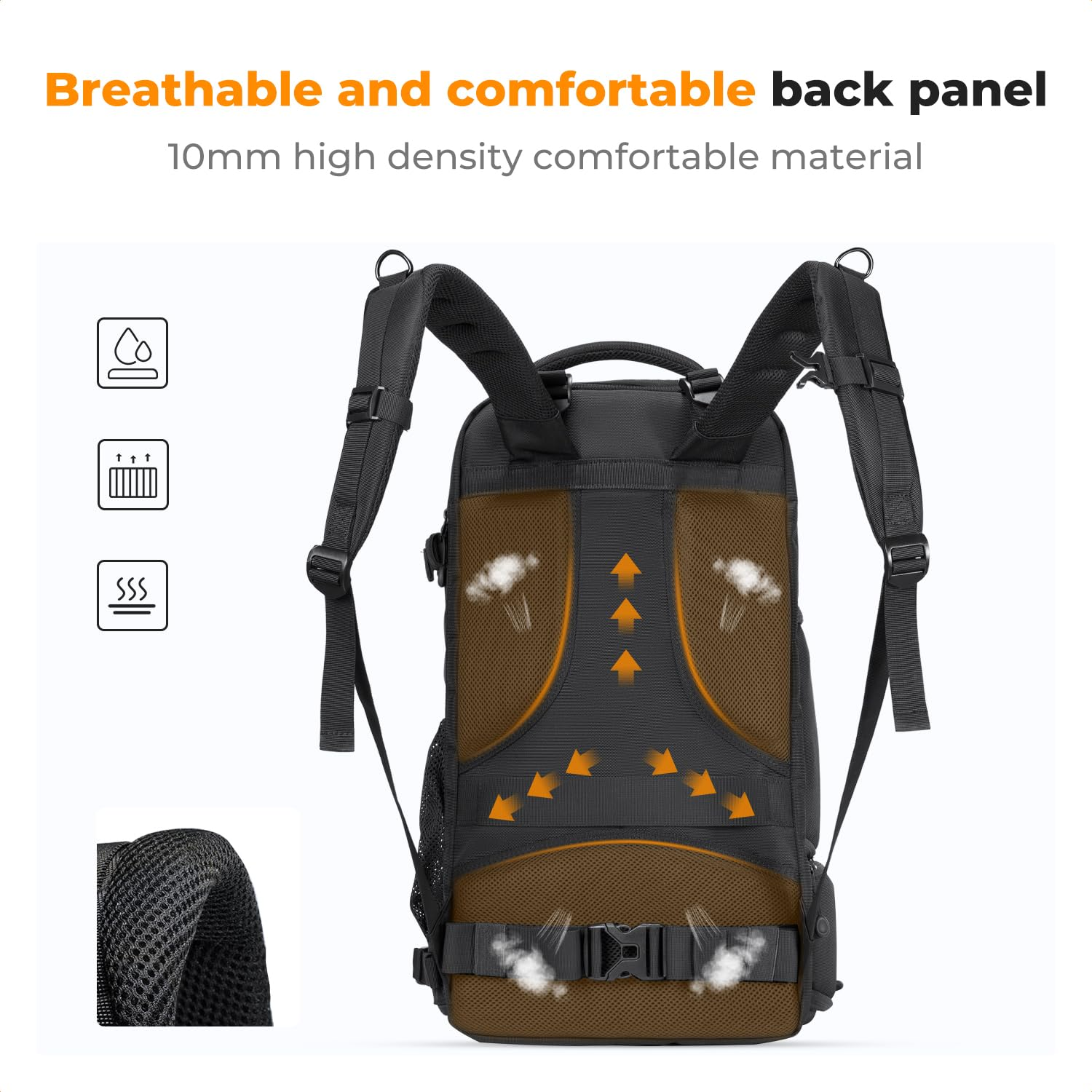 Schwarzer Rucksack mit atmungsaktivem, braunem Netzrücken und gepolsterten Schultergurten.